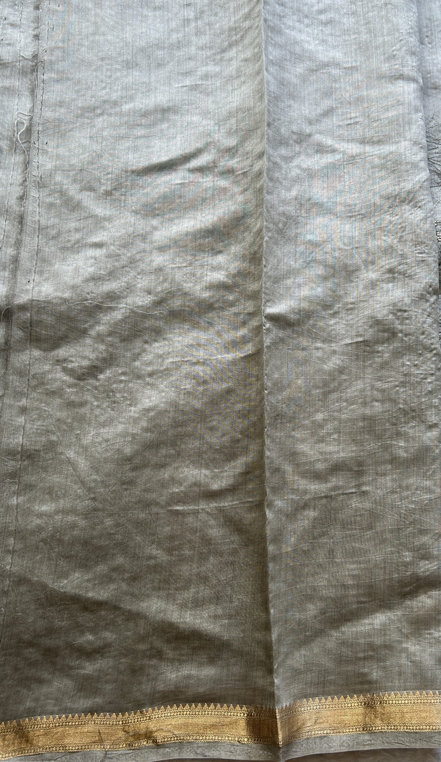 Chiniya Silk Saree Ash Colored Elegantly Paired with a Zari Border. - Sampradaya Designer Studio