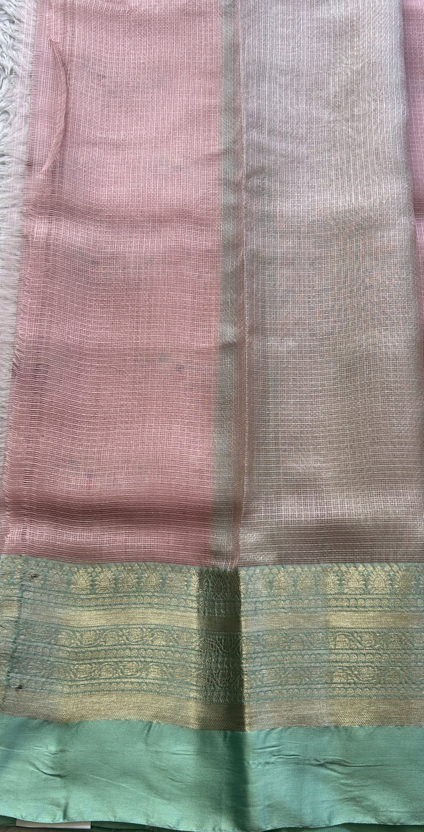 Silk kota Saree Baby Pink colored Elegantly Paired Sea Green with a Zari Border. - Sampradaya Designer Studio