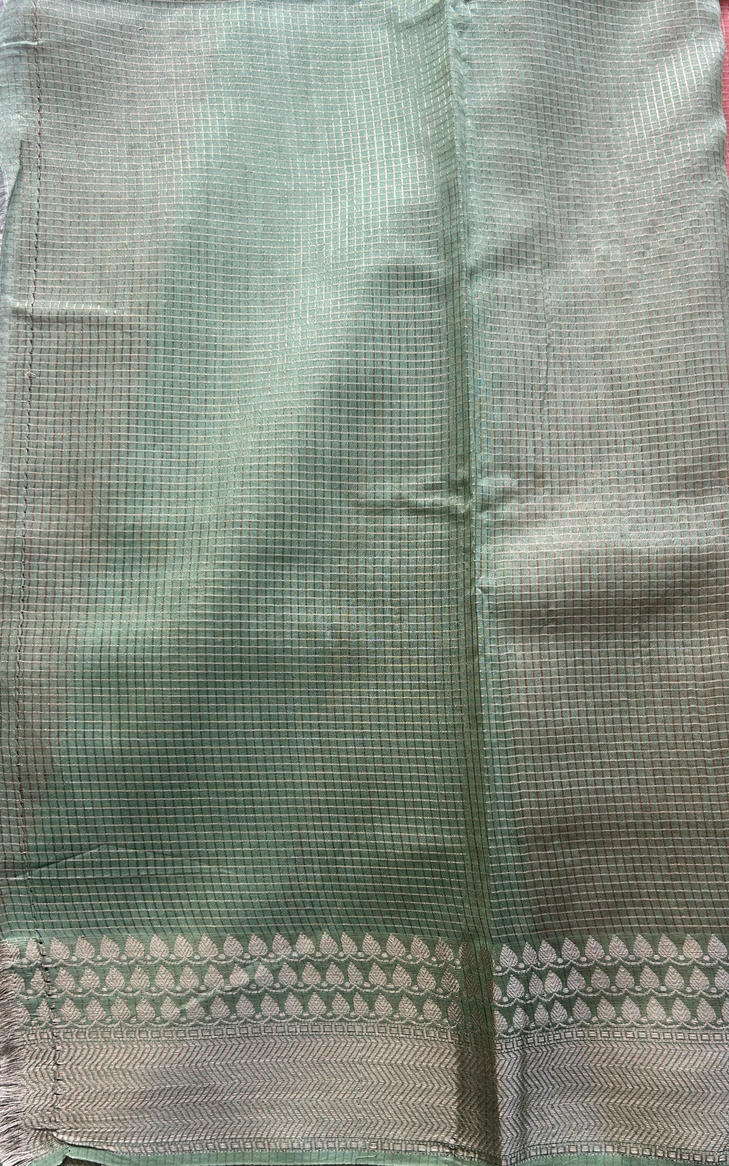 Viscose Georgette Saree Peach Colored Complemented with a Light Green Color Zari Border. - Sampradaya Designer Studio