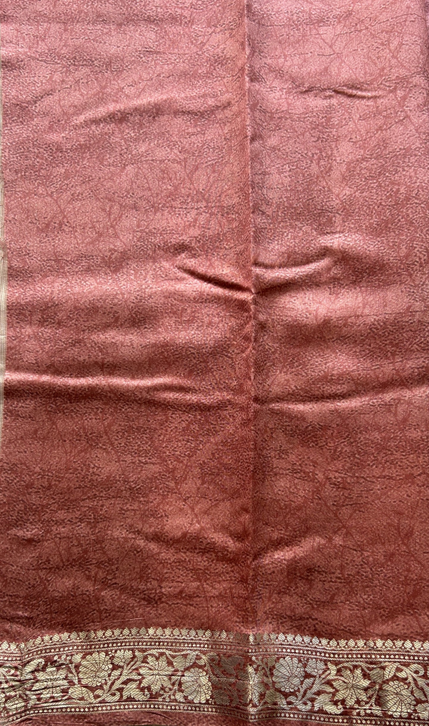 Chiniya Silk Saree Dark Peach Colored Elegantly Paired with a Zari Border. - Sampradaya Designer Studio