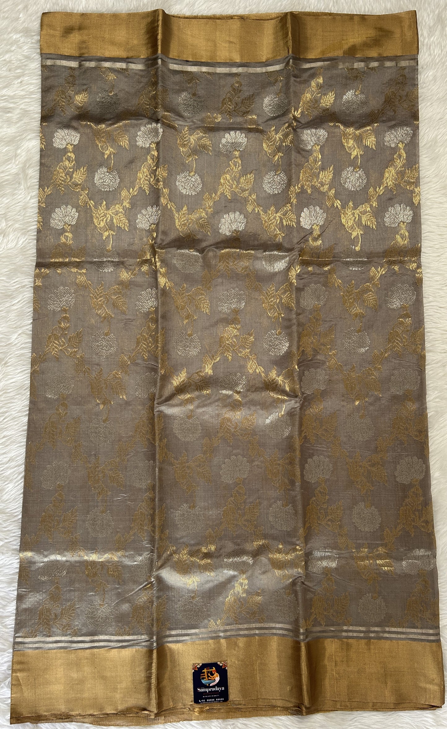 Chanderi Pattu Saree Light Grey colored saree complemented with a Gold Zari Weaving border - Sampradaya Designer Studio