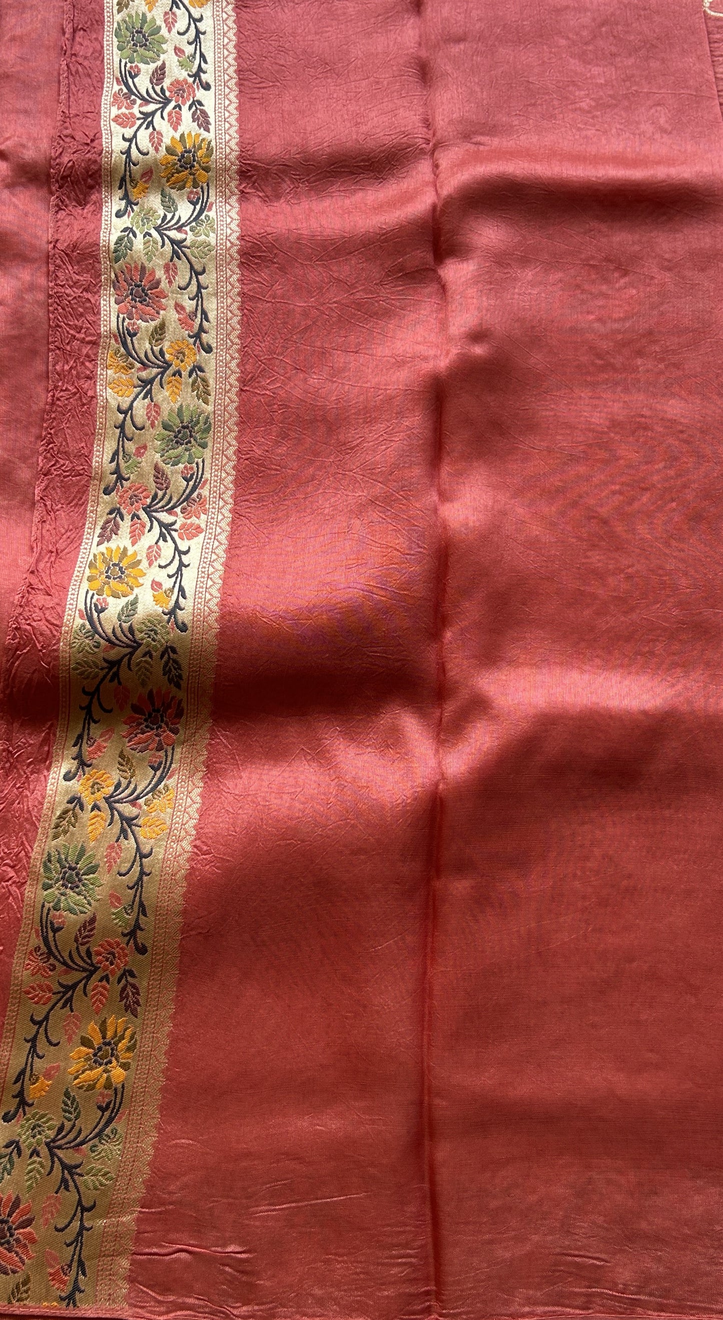 Banarasi Tussar Georgette Allover Saree Dark Peach Colored Exquisite Zari Border. - Sampradaya Designer Studio