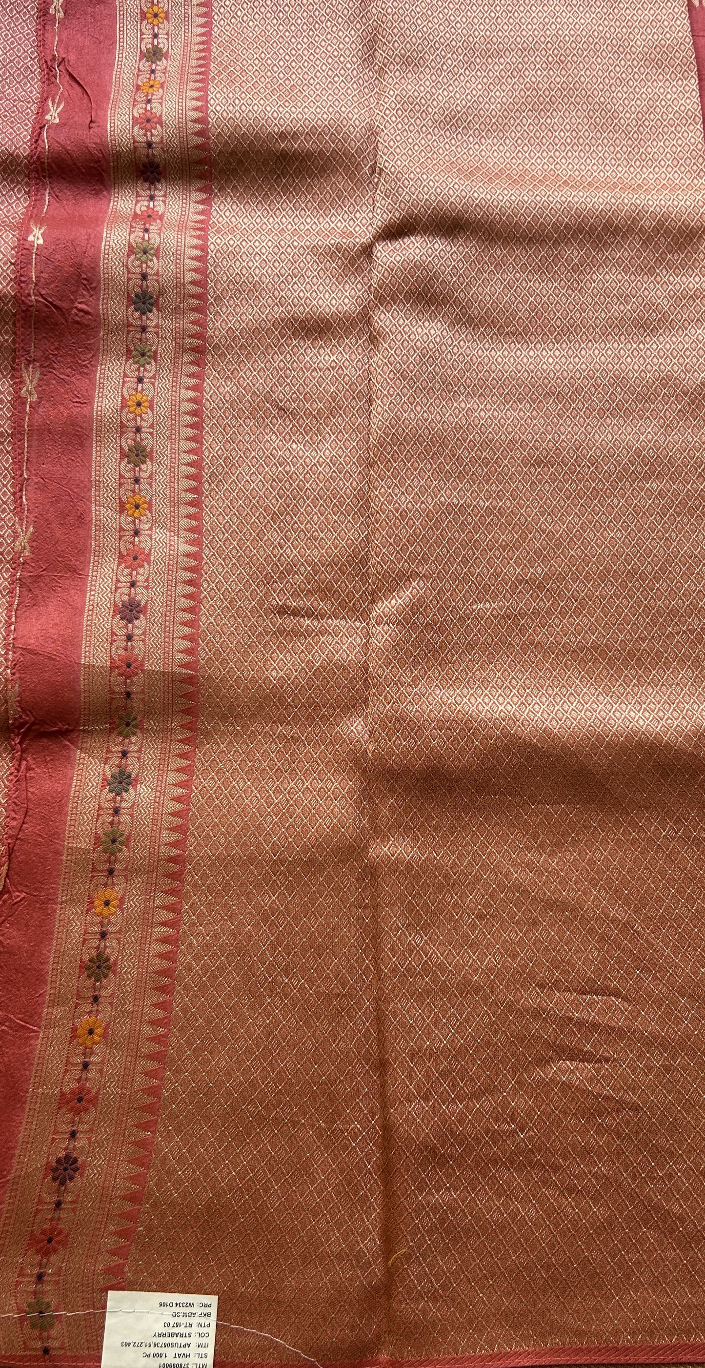 Banarasi Tussar Georgette Allover Saree Peach Colored Paired with a Zari Border. - Sampradaya Designer Studio