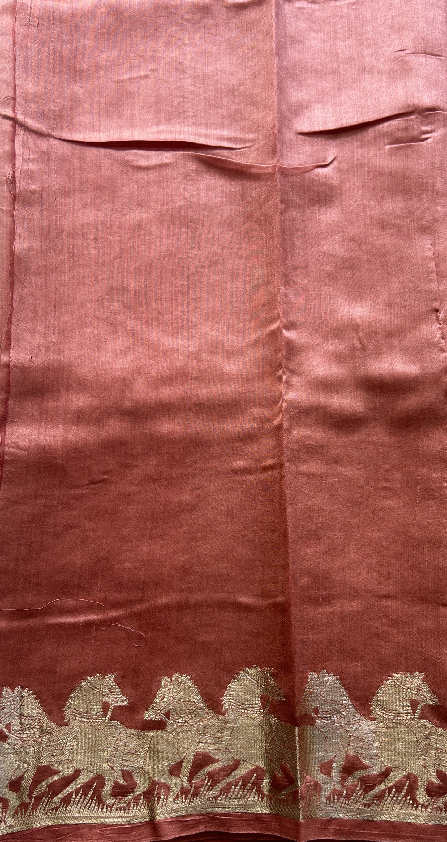 Chiniya Silk Saree Salmon Pink Colored Elegantly Paired with a Zari Border. - Sampradaya Designer Studio