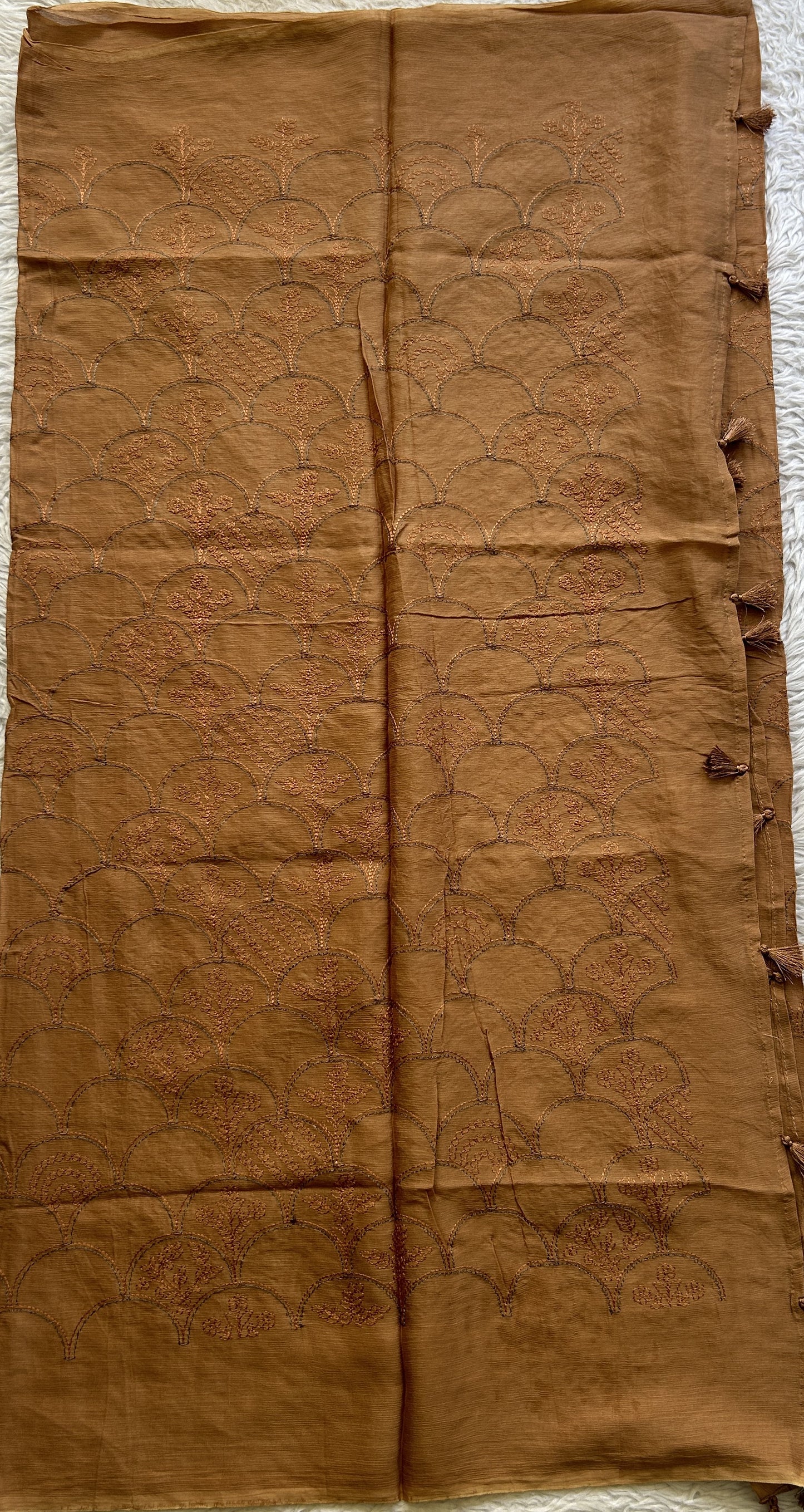 Tussar Silk Dress Material Rust Colored Elegantly with a Borderless. - Sampradaya Designer Studio