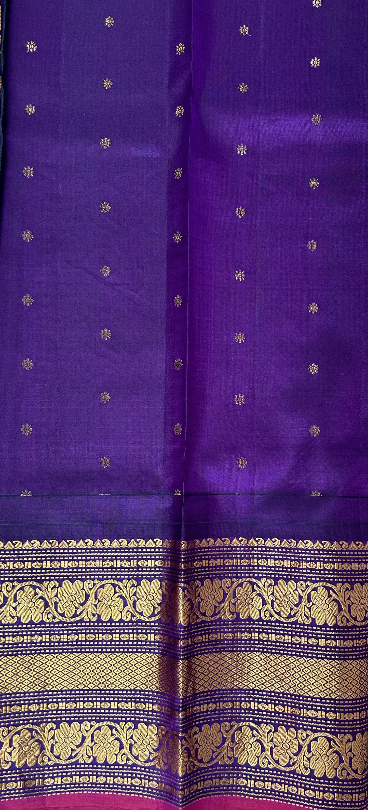 Gadwal Pattu Saree Fountain Blue colored saree complemented with a Dark Violet Kanchi Border - Sampradaya Designer Studio