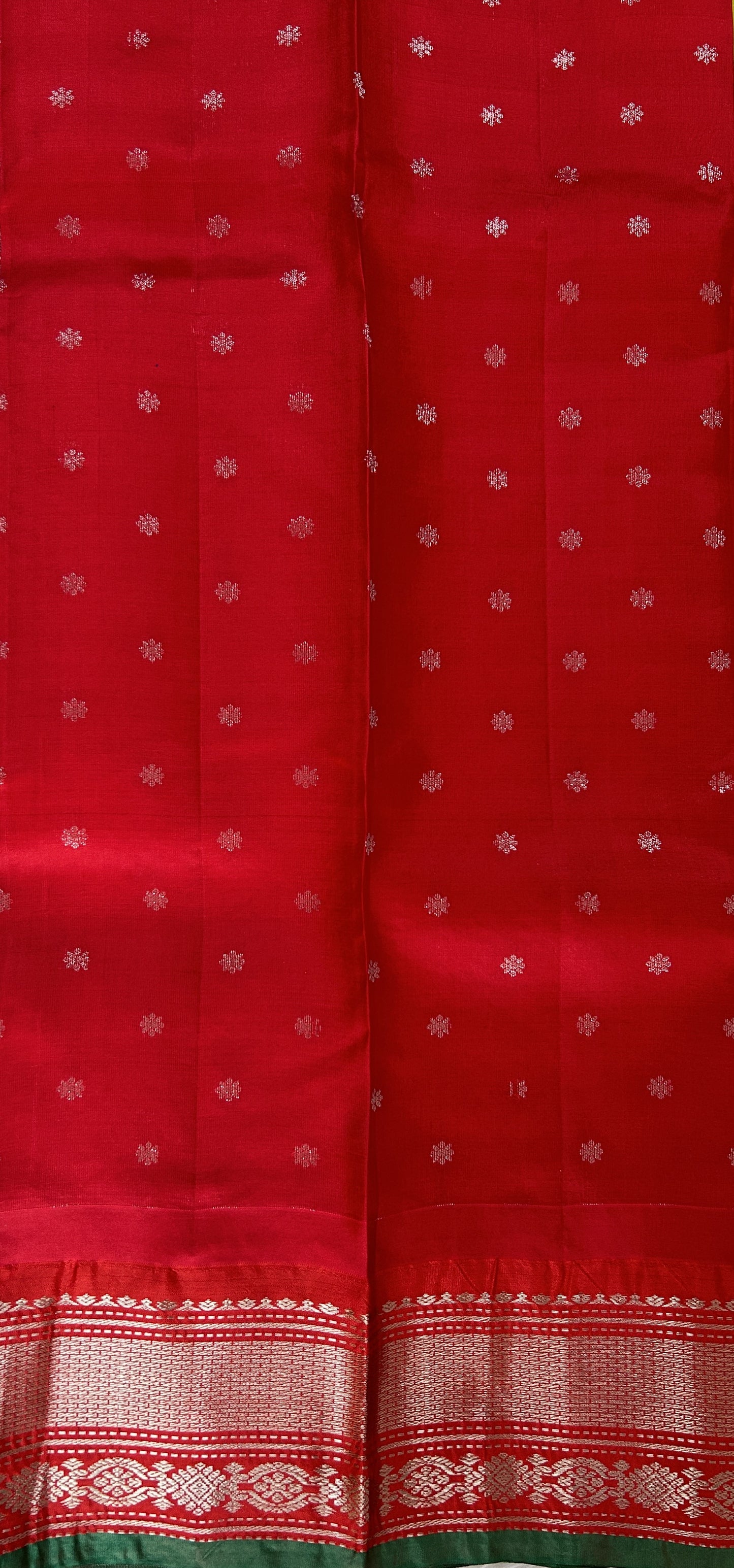 Gadwal Pattu Saree Acid Green colored saree complemented with a Candy Red Kanchi Border - Sampradaya Designer Studio