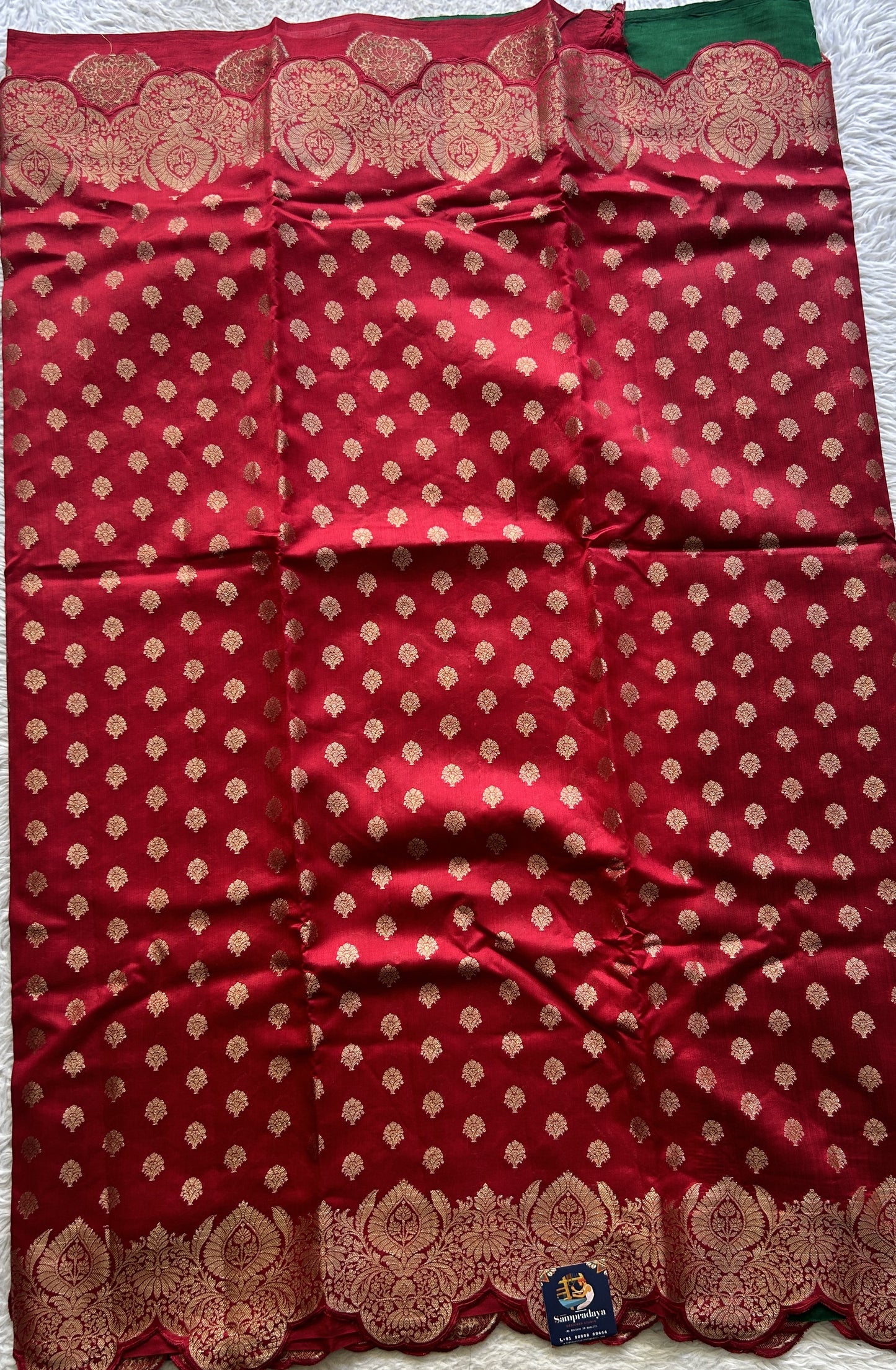 Chiniya Silk Saree Red Colored exquisite with a Scallop Zari Border. - Sampradaya Designer Studio