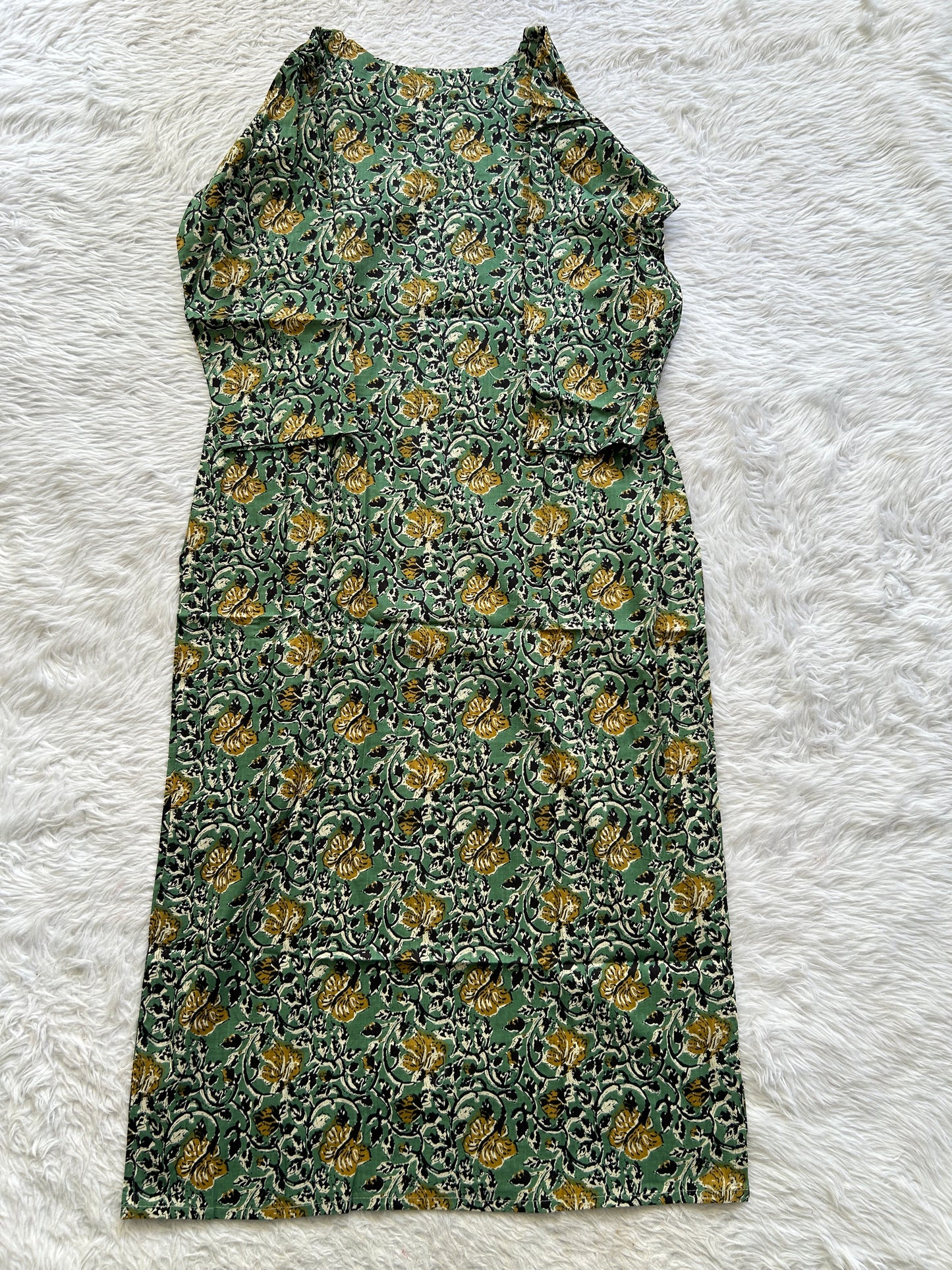 Jaipur Cotton Kurti Olive Green Colored With a Floral Print. - Sampradaya Designer Studio