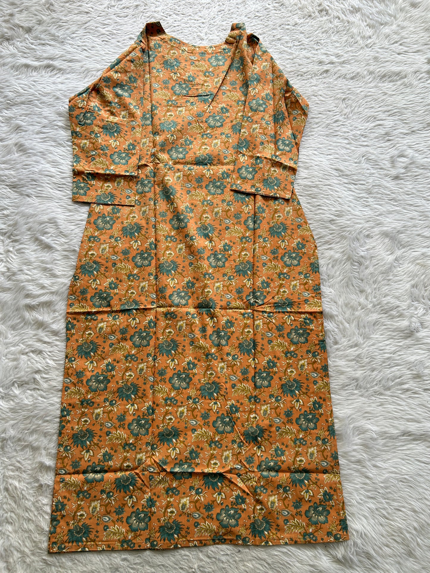 Jaipur Cotton Kurti Light Orange Colored With a Floral Print. - Sampradaya Designer Studio