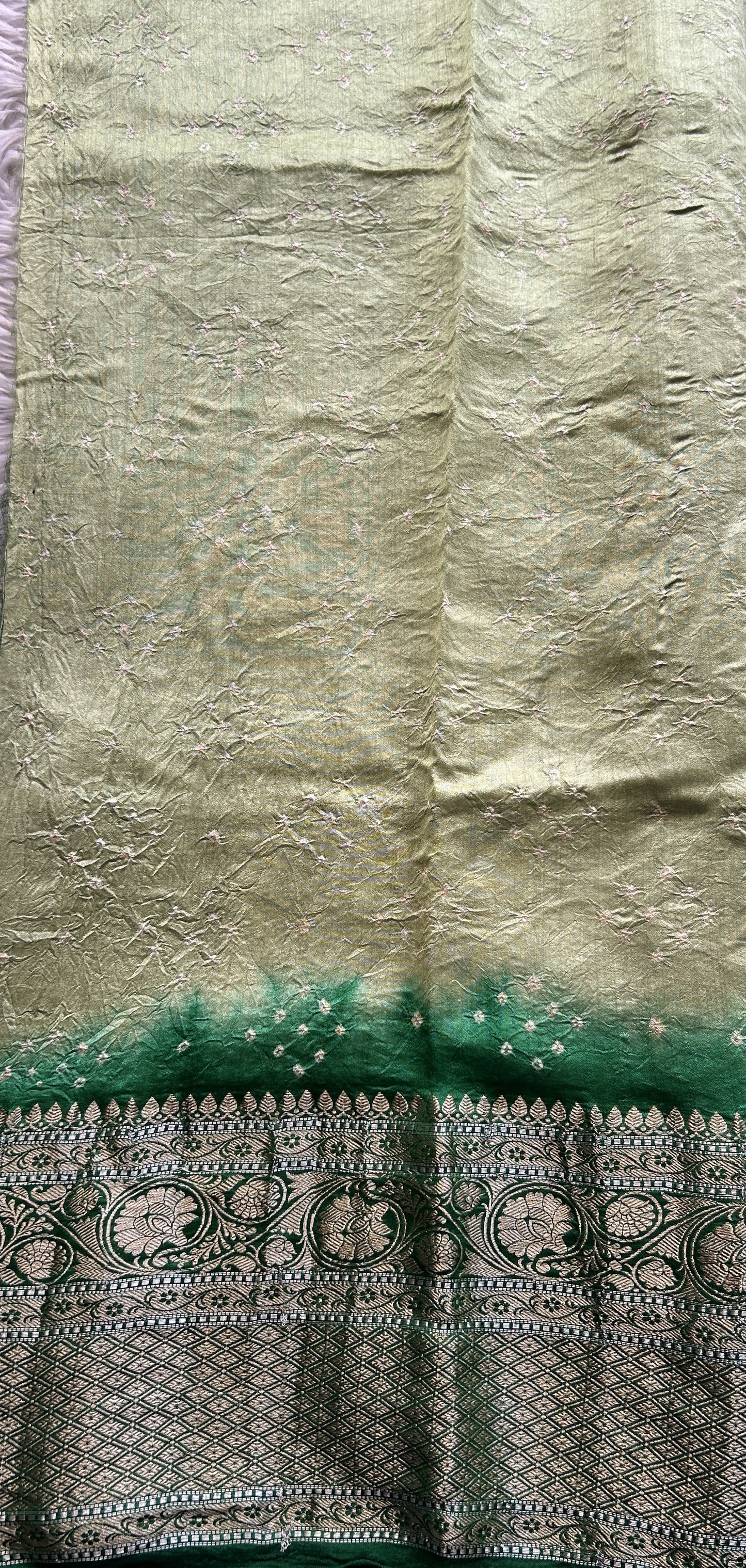 Bandhani Saree Inchworm Colored Elegantly Paired with a Green Color Zari Border. - Sampradaya Designer Studio