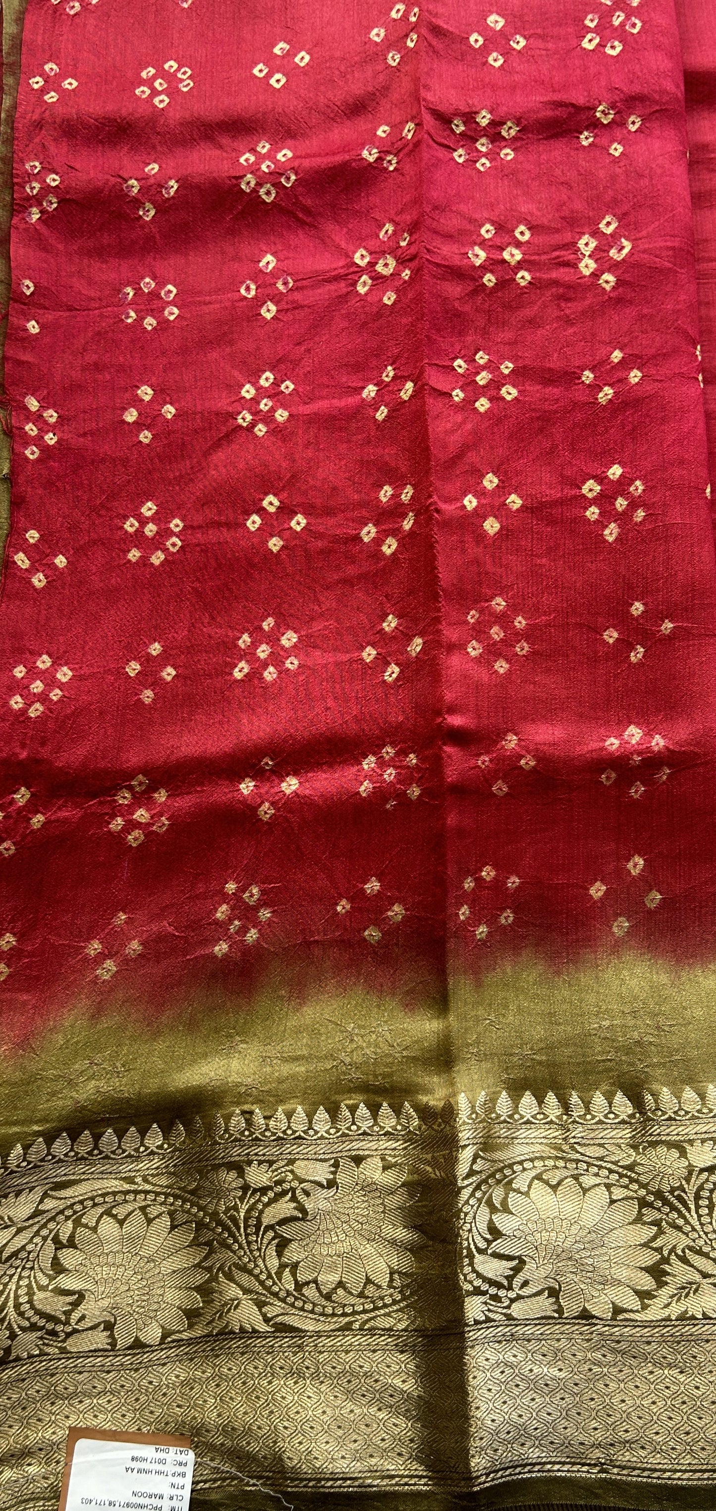 Bandhani Saree Red Colored Elegantly Paired with a Olive Green Color Zari Border. - Sampradaya Designer Studio