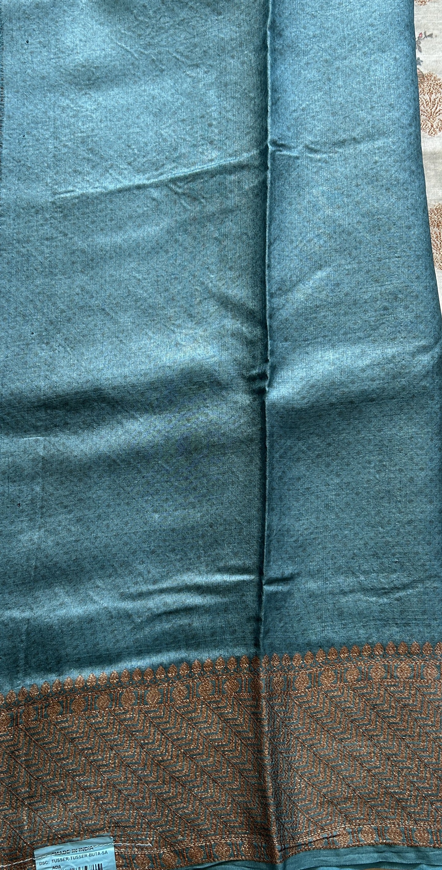 Pure Tussar Silk Saree Light Teal Blue Color Complemented with a Zari Border. - Sampradaya Designer Studio