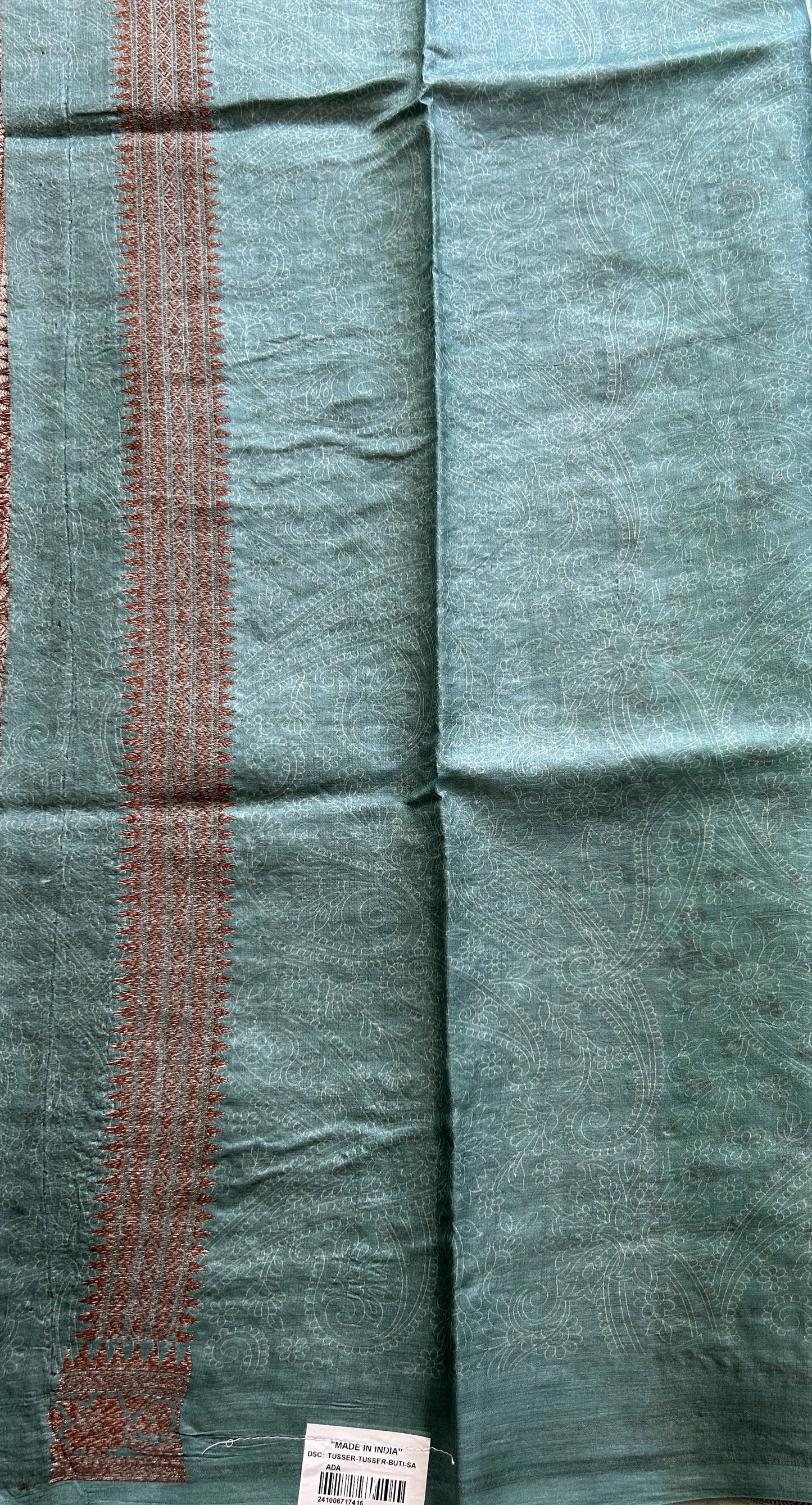 Pure Tussar Silk Saree Light Sea Green Color Complemented with a Zari Border. - Sampradaya Designer Studio