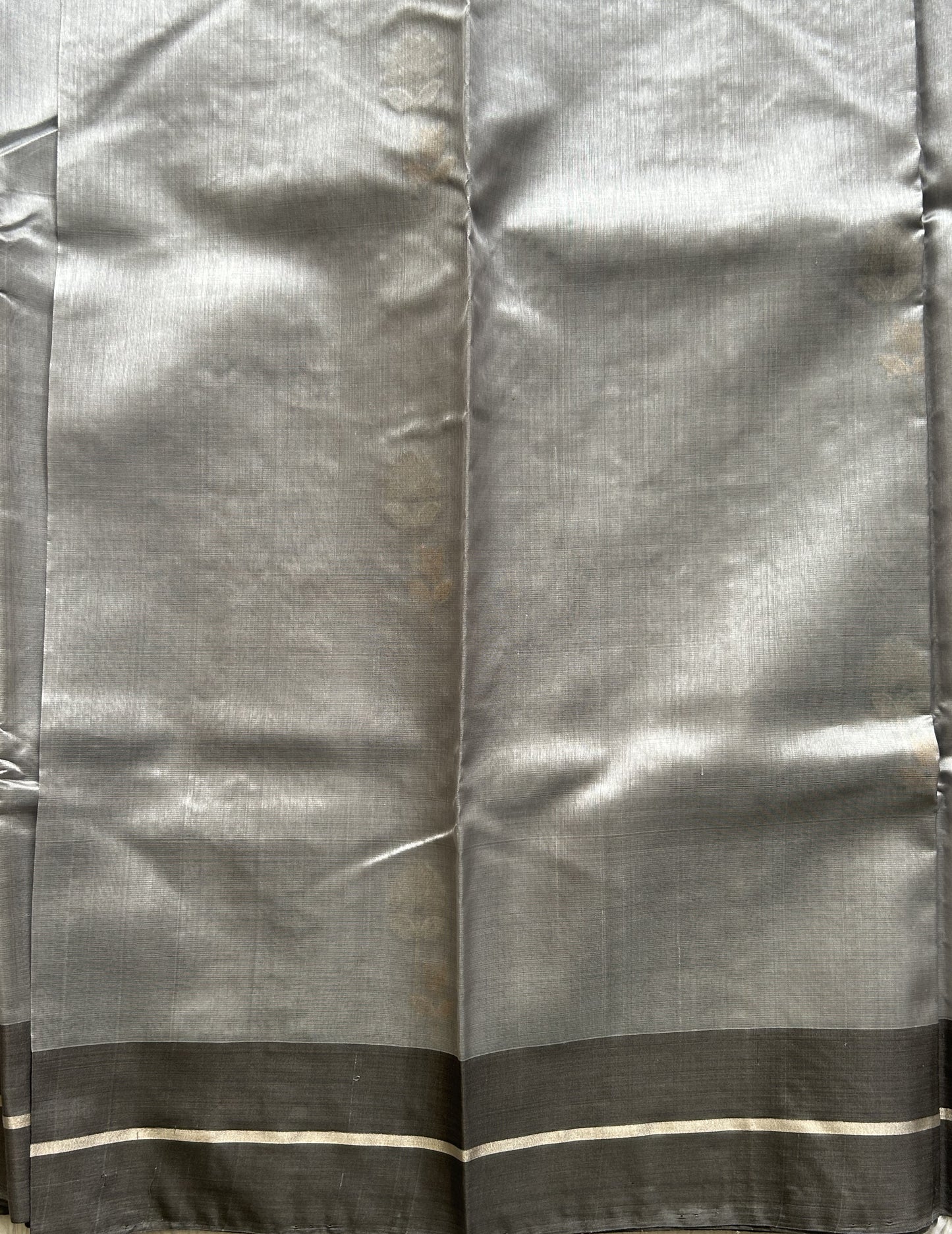 Chanderi Silk Saree scarlet Cloudy Gray color Elegantly Paired with a Silver Zari Border - Sampradaya Designer Studio