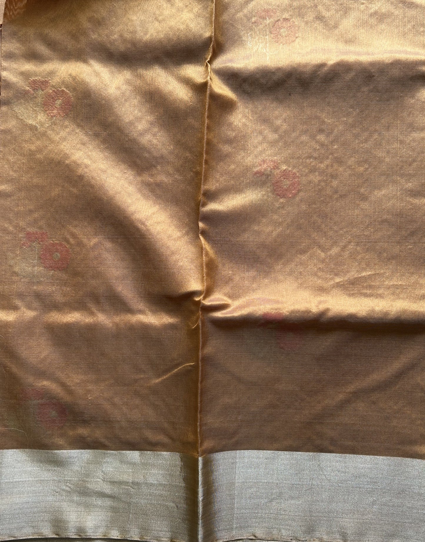 Chanderi Silk Saree Amber Gold color Elegantly Paired with a Silver Zari Border - Sampradaya Designer Studio