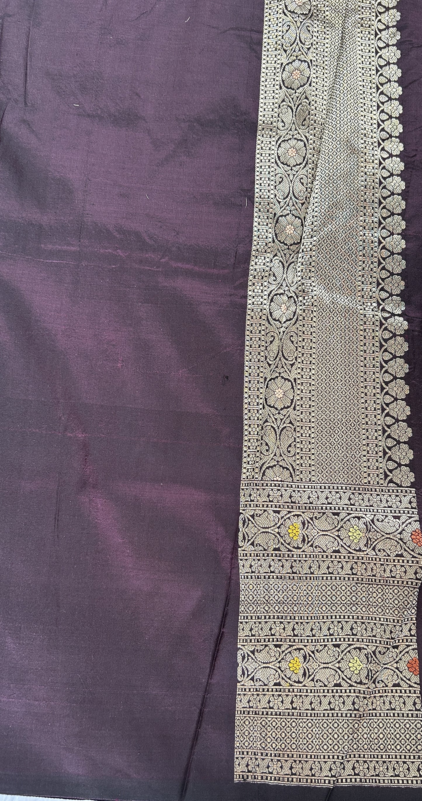 Banarasi Katan Silk Saree Dark Brown colored complemented with a Gold Zari border. - Sampradaya Designer Studio
