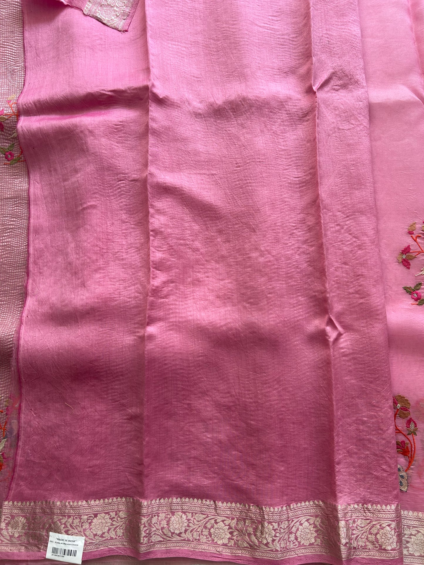 Banarasi Fancy Crushed Saree Baker Miller Pink Colored Complemented with a Silver Zari Border. - Sampradaya Designer Studio