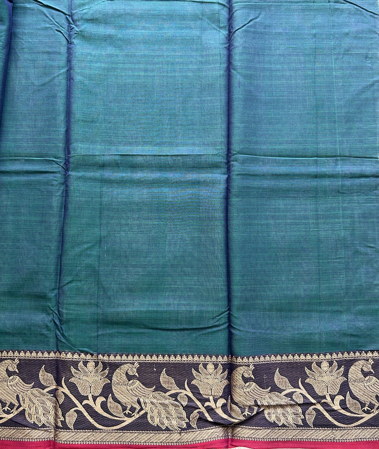 Narayanpet Cotton Saree Peacock Blue Colored Complemented with a Thread Border. - Sampradaya Designer Studio