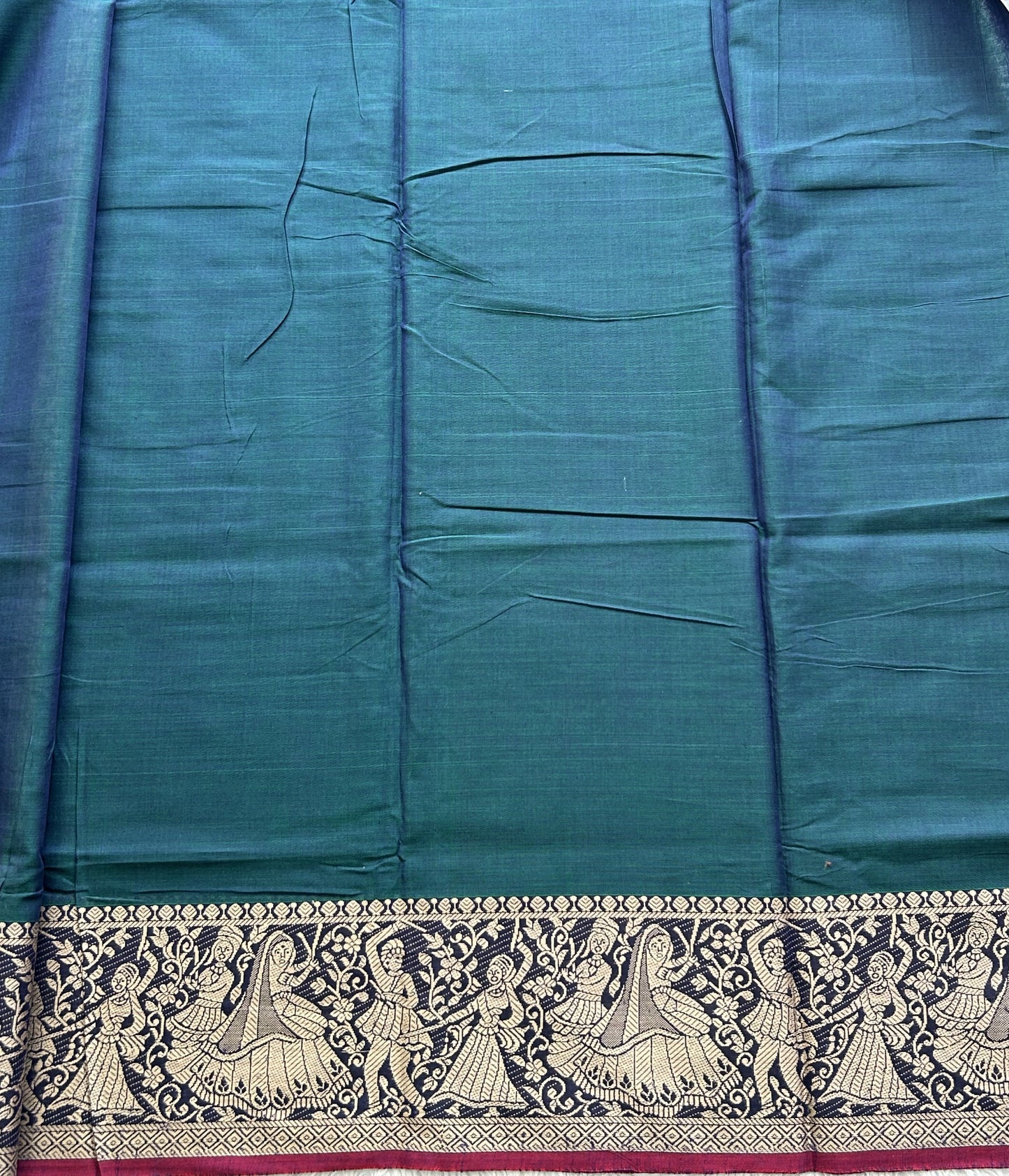 Narayanpet Cotton Saree Dark Pine Colored Complemented with a Thread Border. - Sampradaya Designer Studio