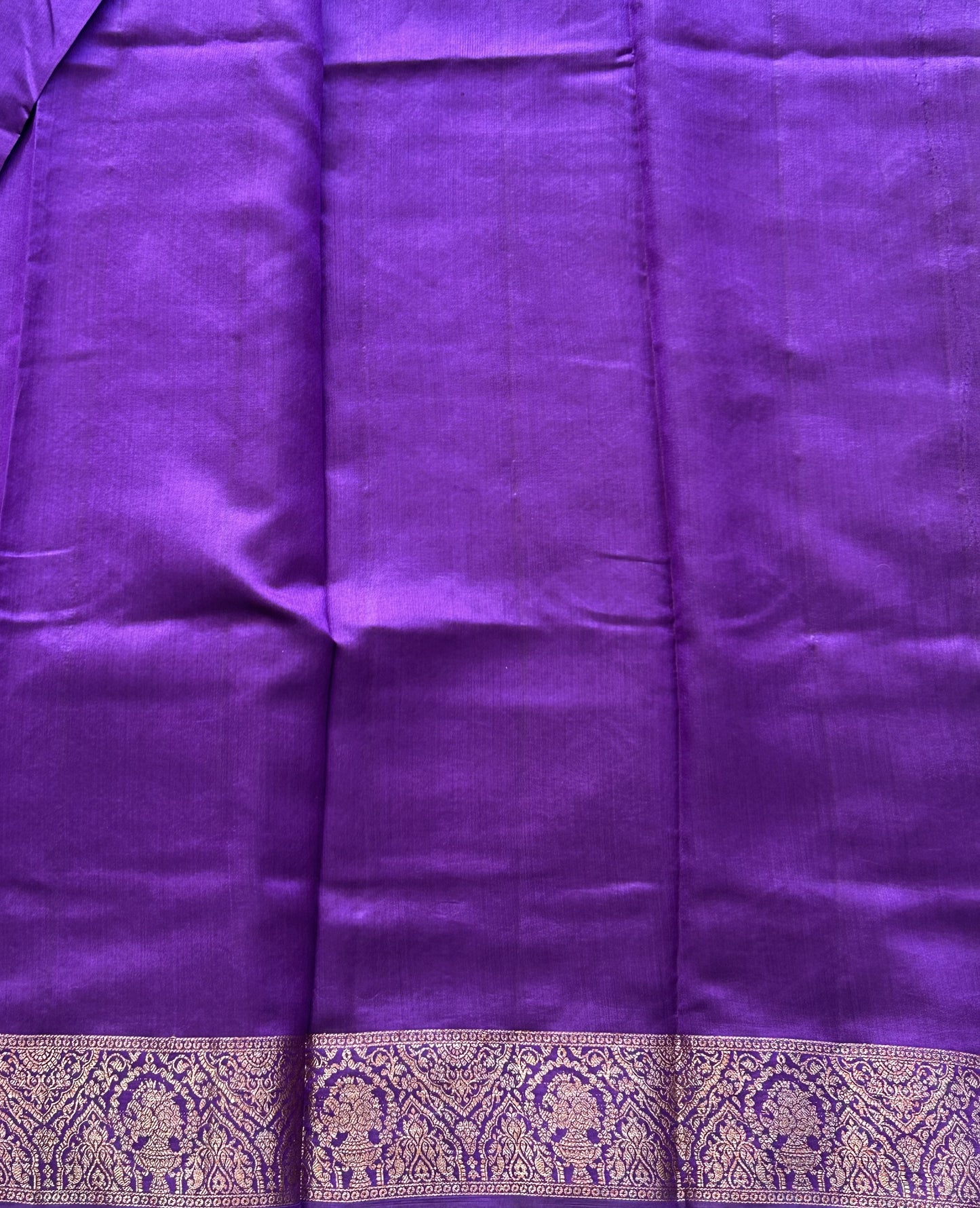 Pure Chiniya Silk Saree Eggplant Colored Elegantly Paired with a Gold Zari Border. - Sampradaya Designer Studio