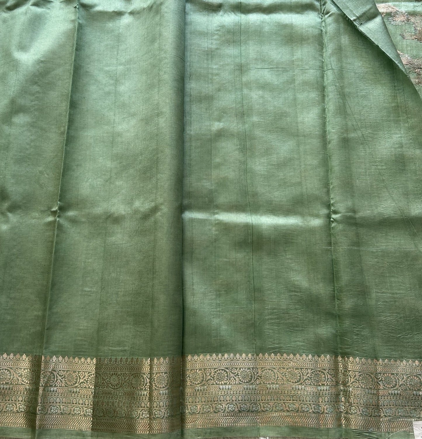Pure Chiniya Silk Saree Mint Green Colored Elegantly Paired with a Gold Zari Border. - Sampradaya Designer Studio