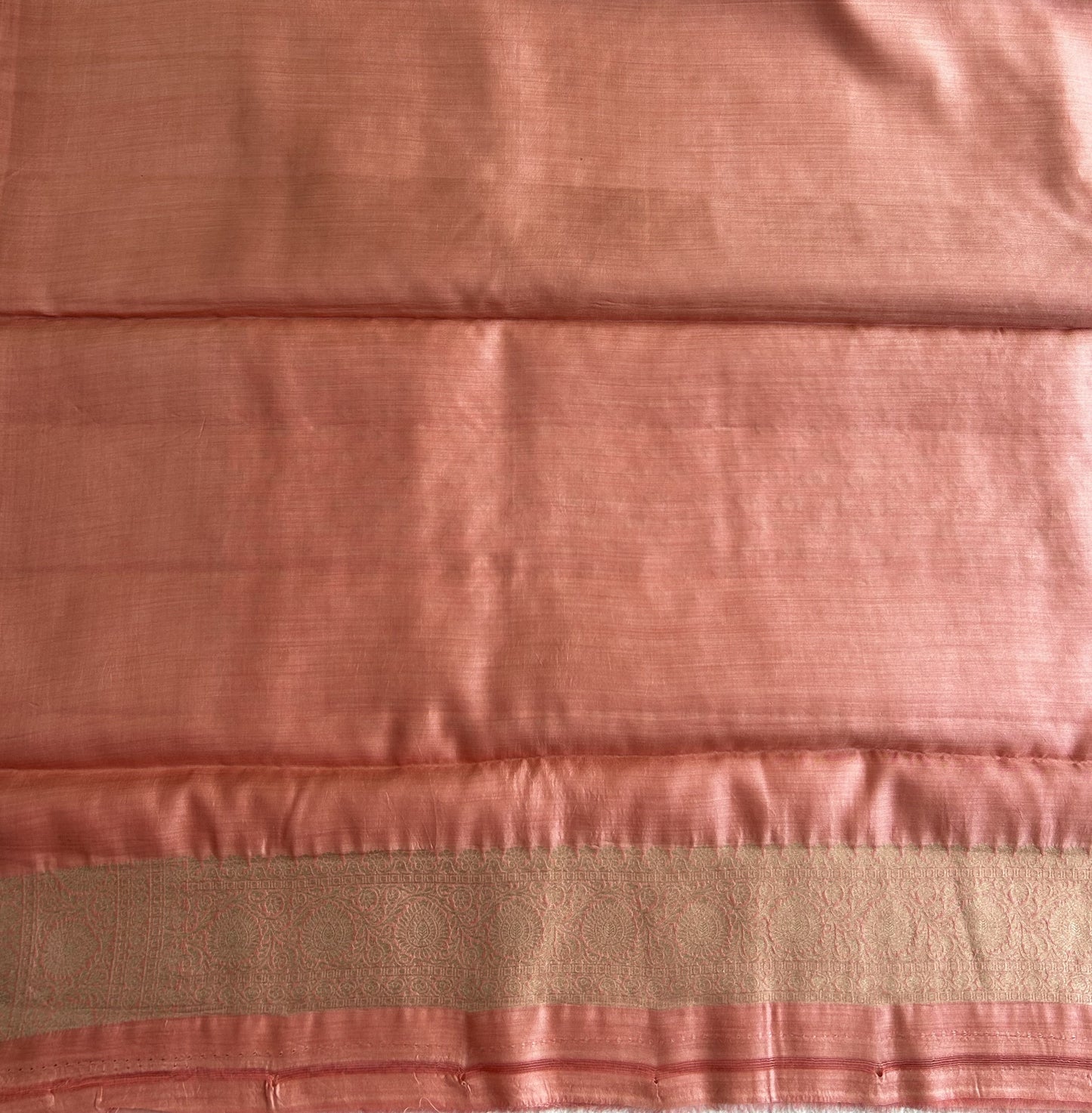 Pure Chiniya Silk Saree Peach Pink Colored Elegantly Paired with a Silver Zari Border. - Sampradaya Designer Studio