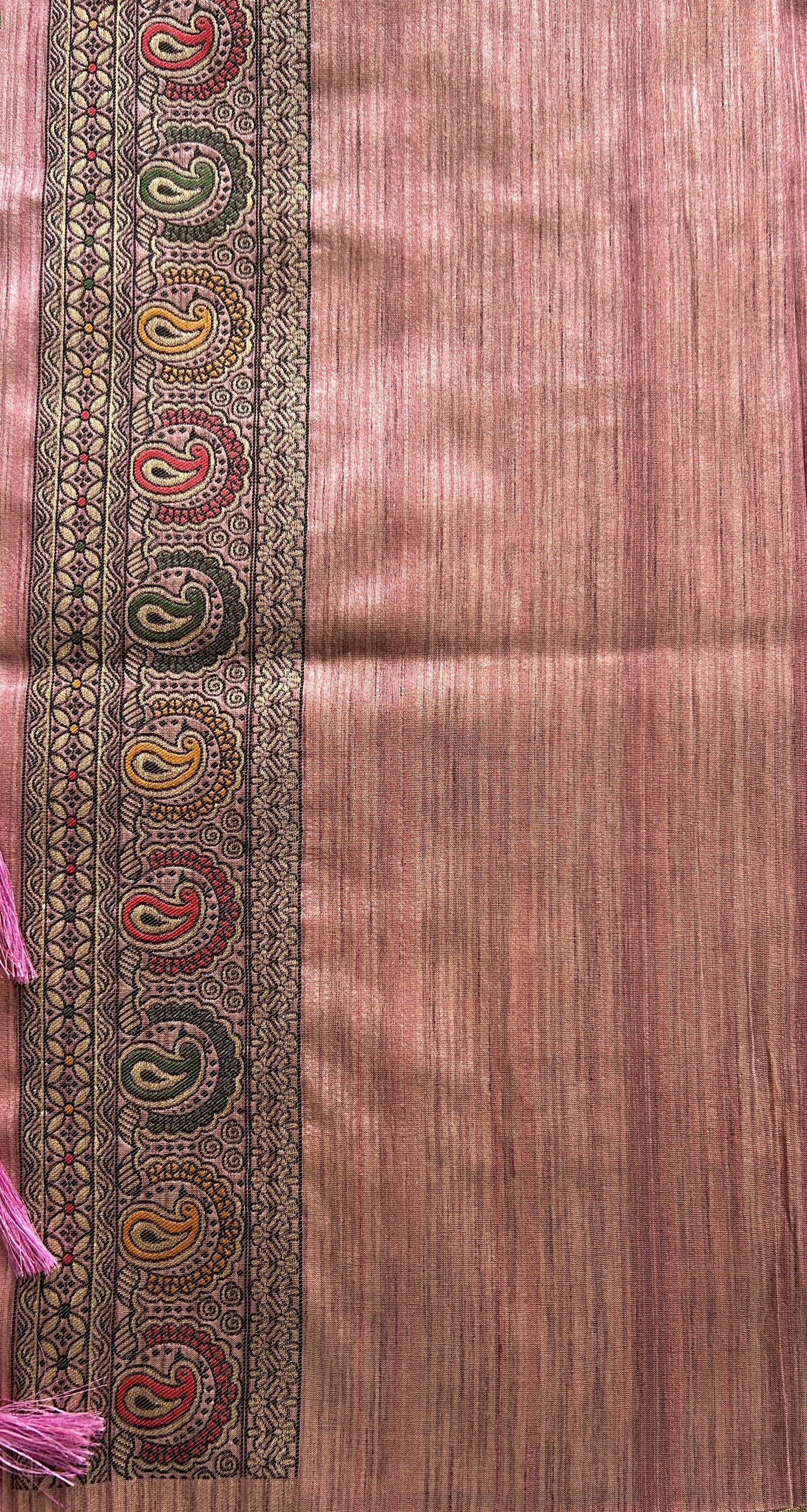 Semi Tussar Saree Pink Colored complemented with a Zari Border. - Sampradaya Designer Studio