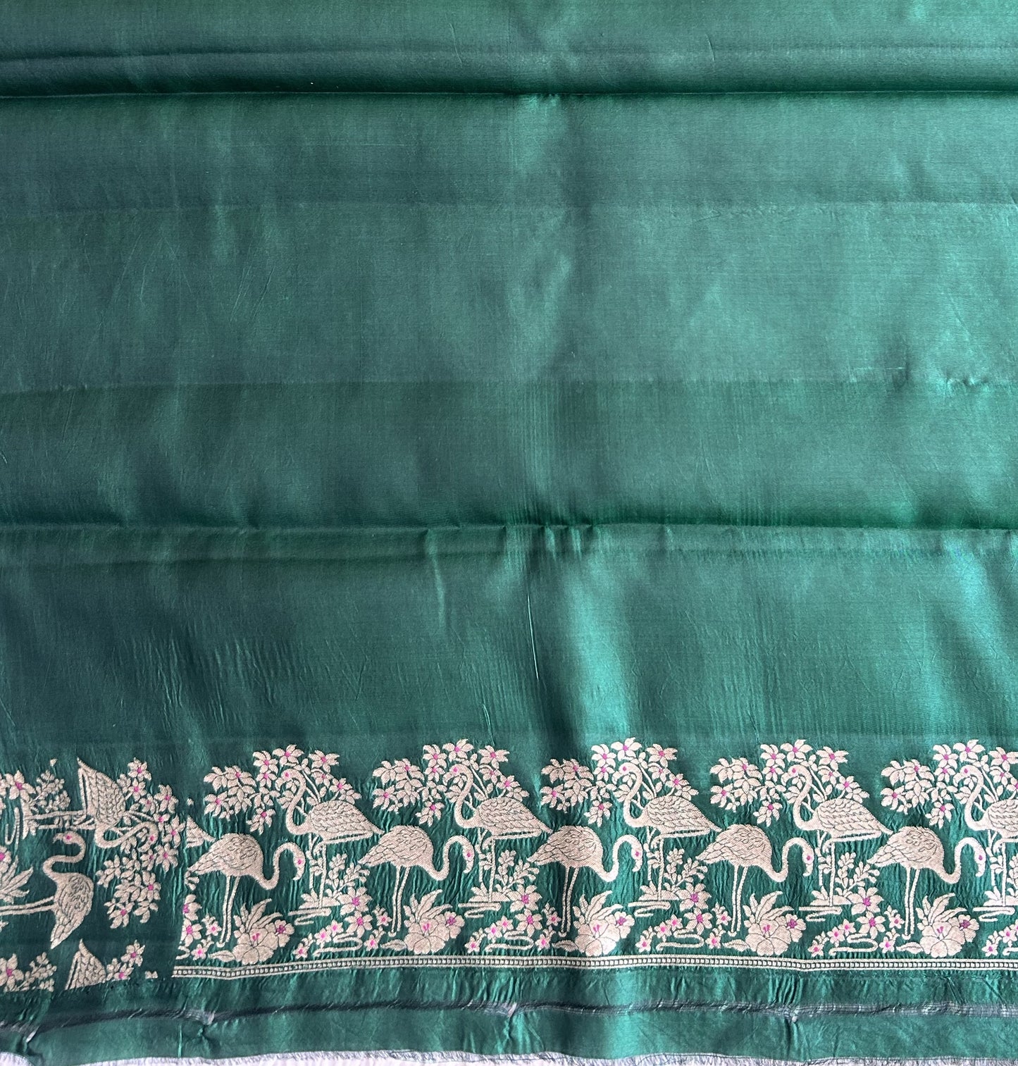 Pure Chiniya Silk Saree Dark Green Colored Elegantly Paired with a Silver Zari Border. - Sampradaya Designer Studio