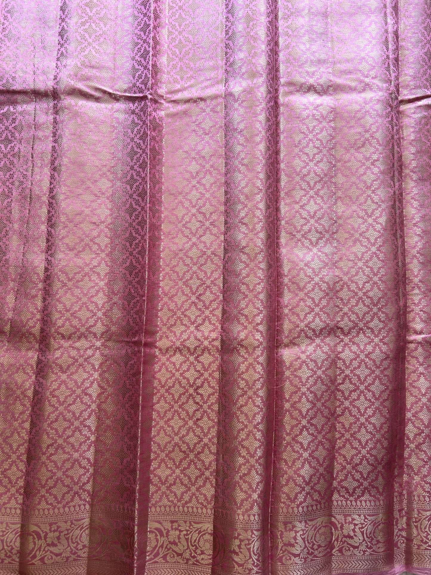 Pure Chiniya Silk Saree Bubblegum Pink Colored Elegantly Paired with a Silver Zari Border. - Sampradaya Designer Studio