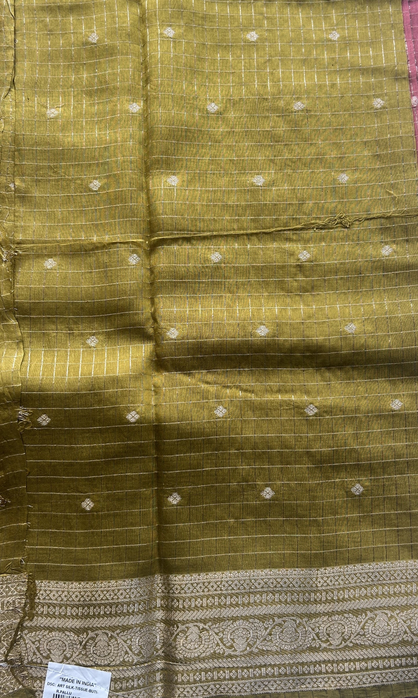 Semi Georgette Checks Saree Melon Colored Paired with a Zari Border. - Sampradaya Designer Studio