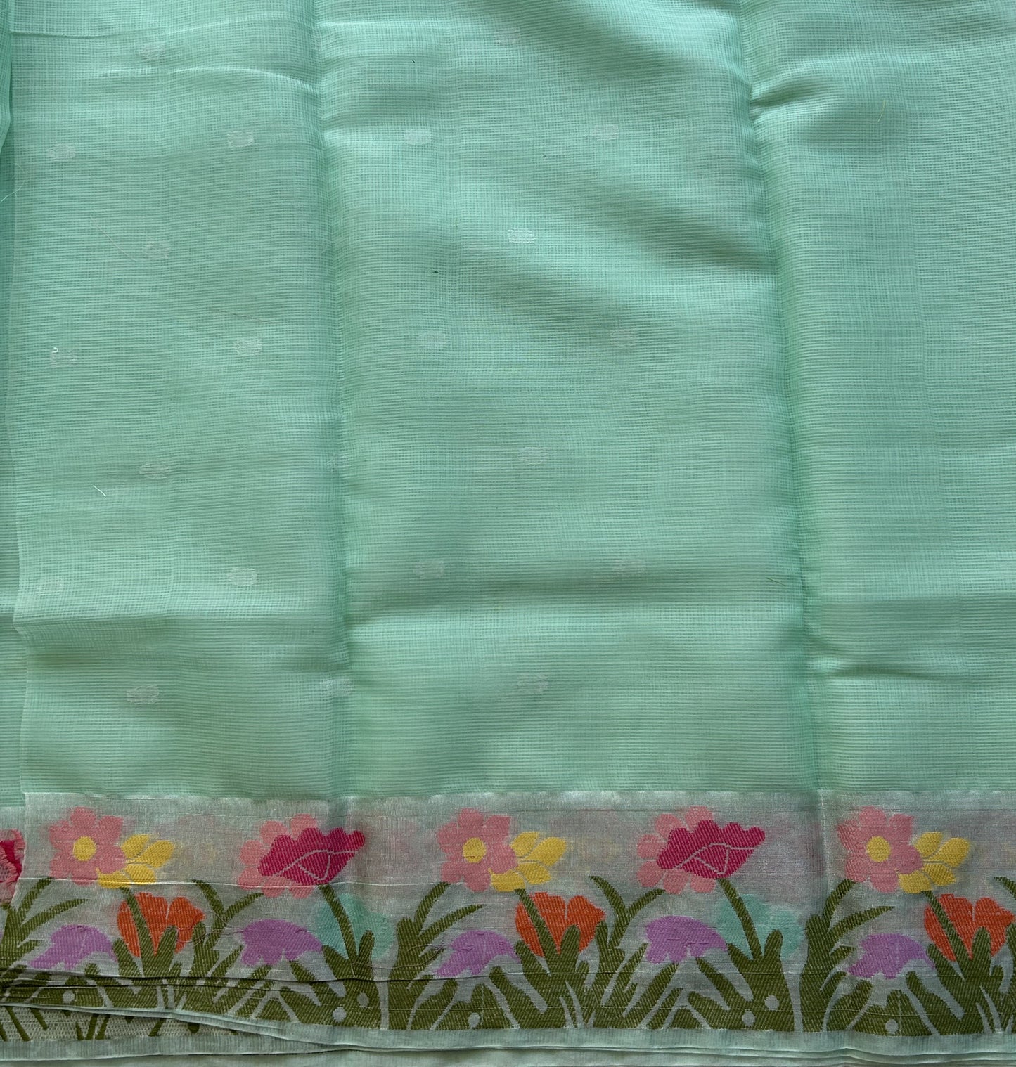 Silk Kota Saree Light Lagoon Colored Elegantly Paired with a Tissue Border