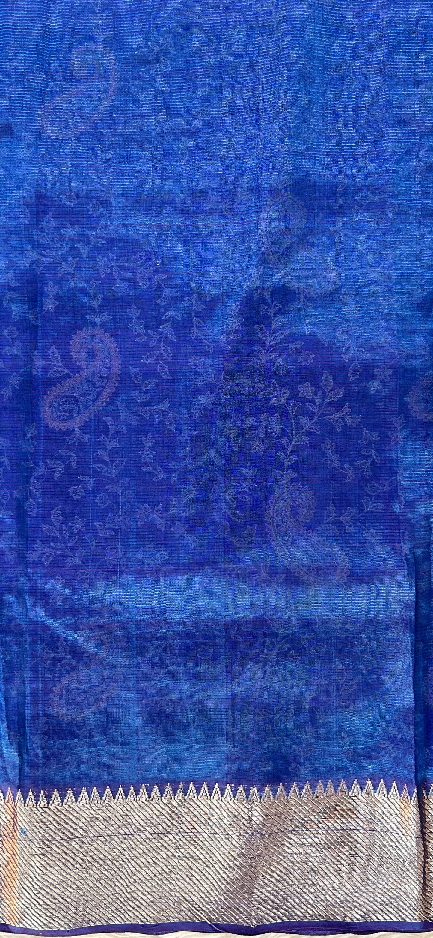 Mangalagiri Chikankari Saree Peacock Blue colored Saree complemented with a Gold Mangalagiri Border. - Sampradaya Designer Studio