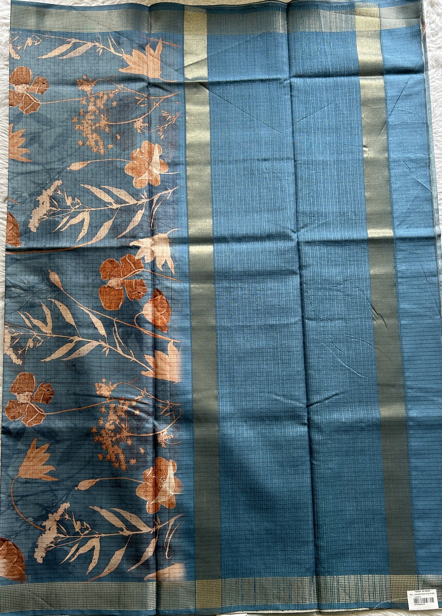 Semi Tussar Saree Light Blue Colored complemented with a Zari Border. - Sampradaya Designer Studio