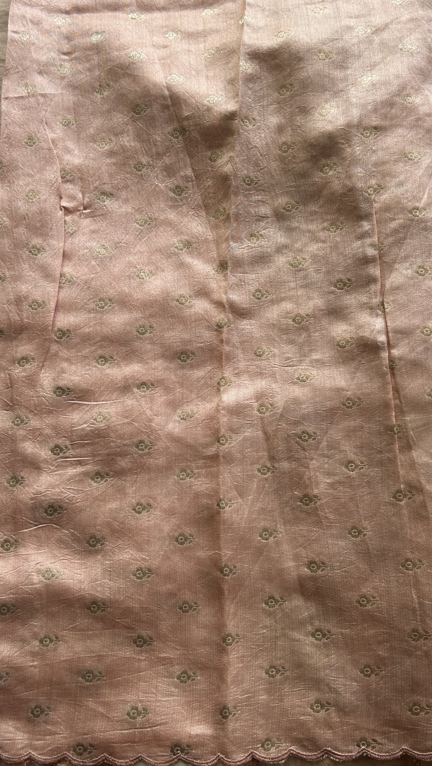 Banarasi Tissue Kora Allover Saree Peach Colored Complemented with a Scallop Border. - Sampradaya Designer Studio