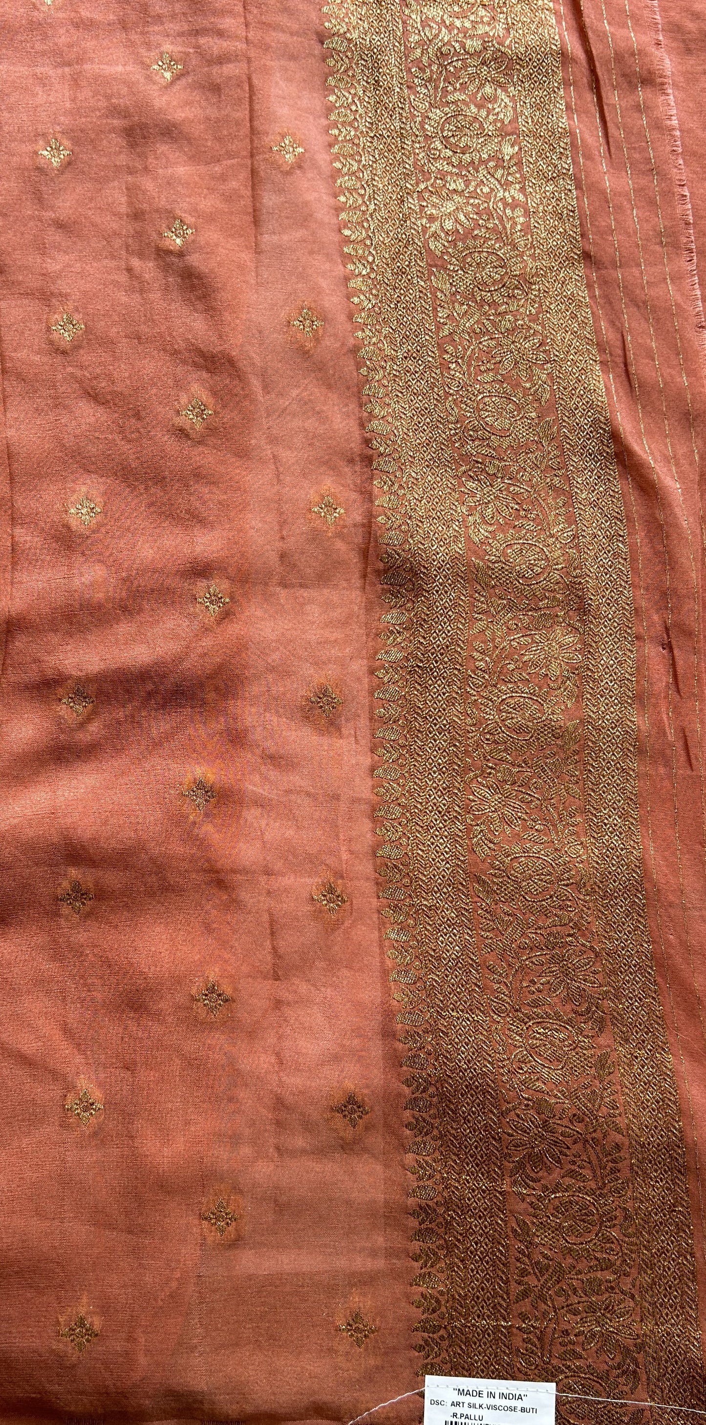 Semi Georgette Saree Dark Peach Colored Complemented with a Zari Border. - Sampradaya Designer Studio