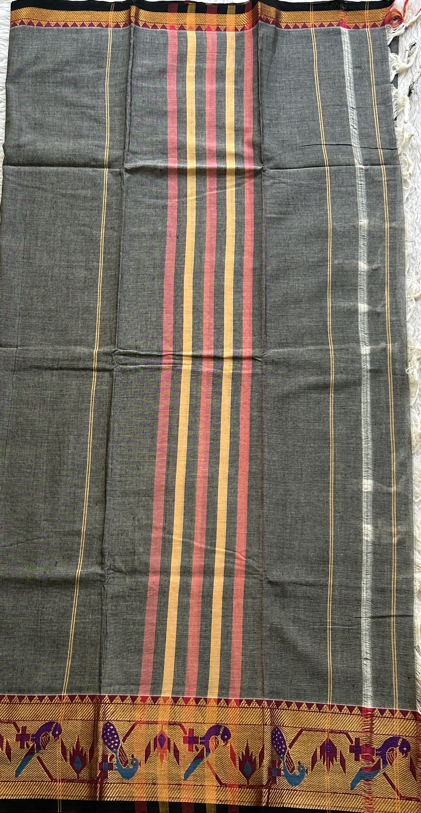 Narayanpet Cotton Dress Material – Gray Color Gold Zari Border | Handloom Cotton