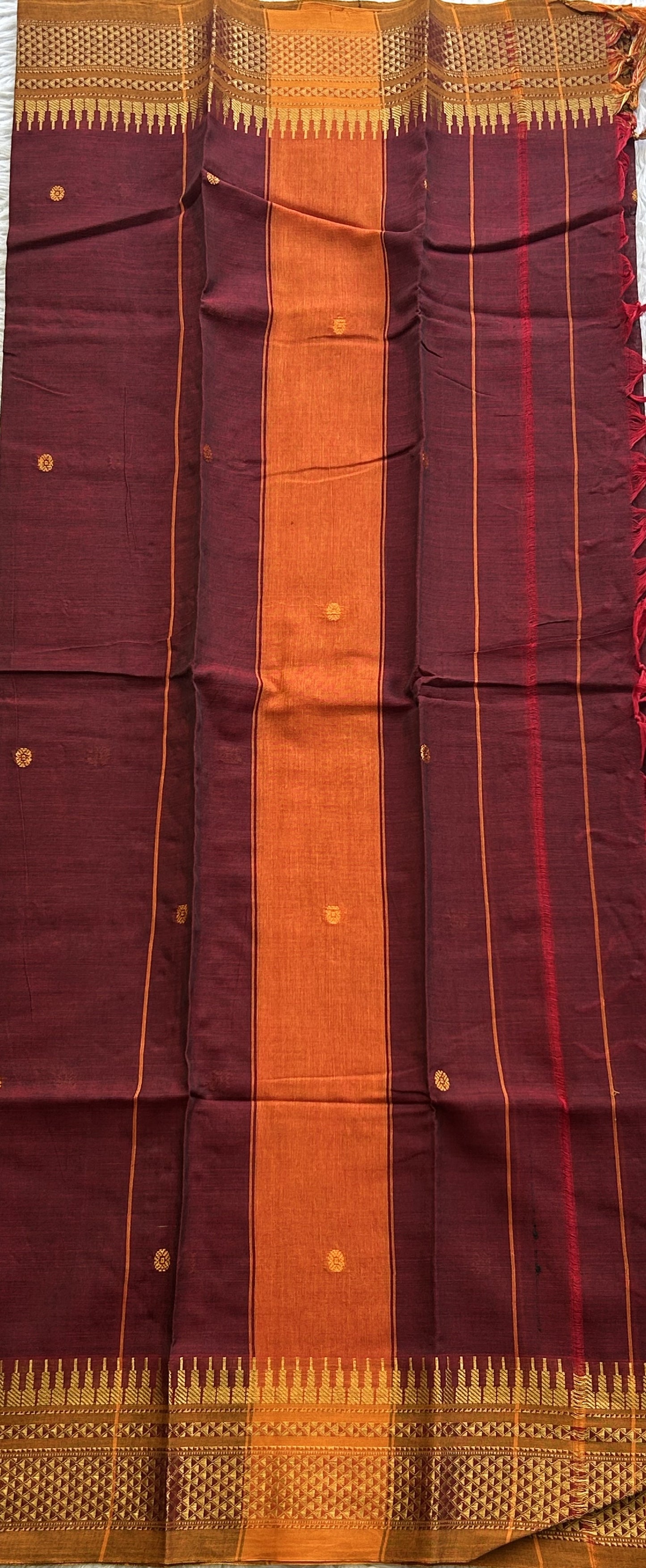 Narayanpet Cotton Dress Material – Marron Color Gold Zari Border | Handloom Cotton