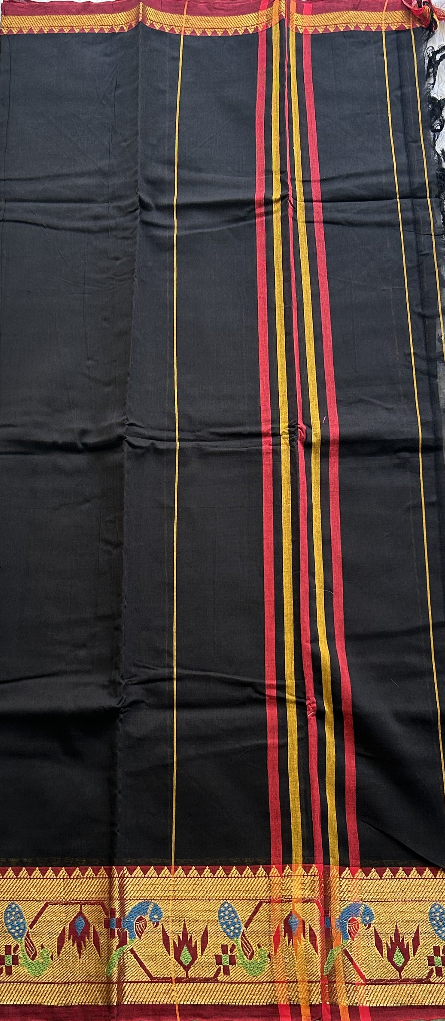 Narayanpet Cotton Dress Material – Black Color Gold Zari Border | Handloom Cotton