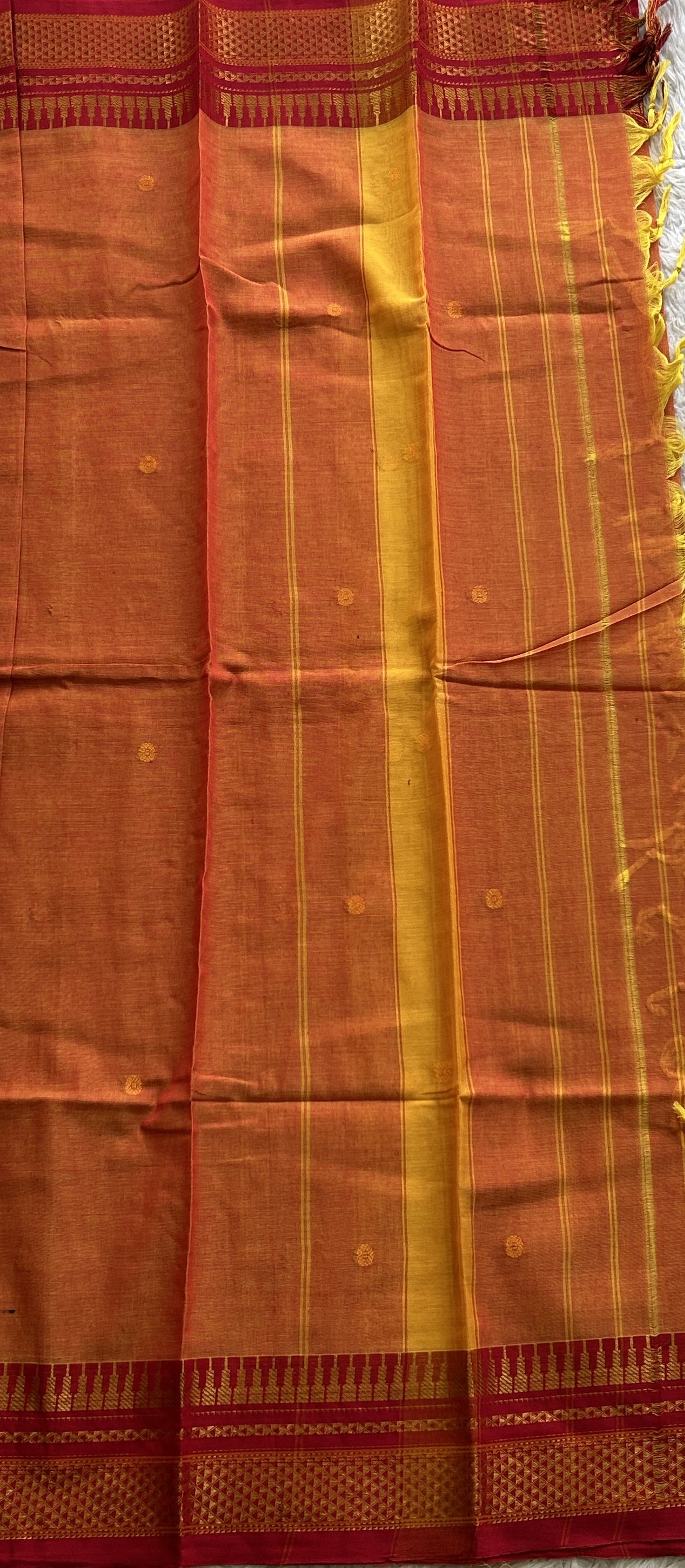 Narayanpet Cotton Dress Material – Light Mustard Yellow Color Gold Zari Border | Handloom Cotton