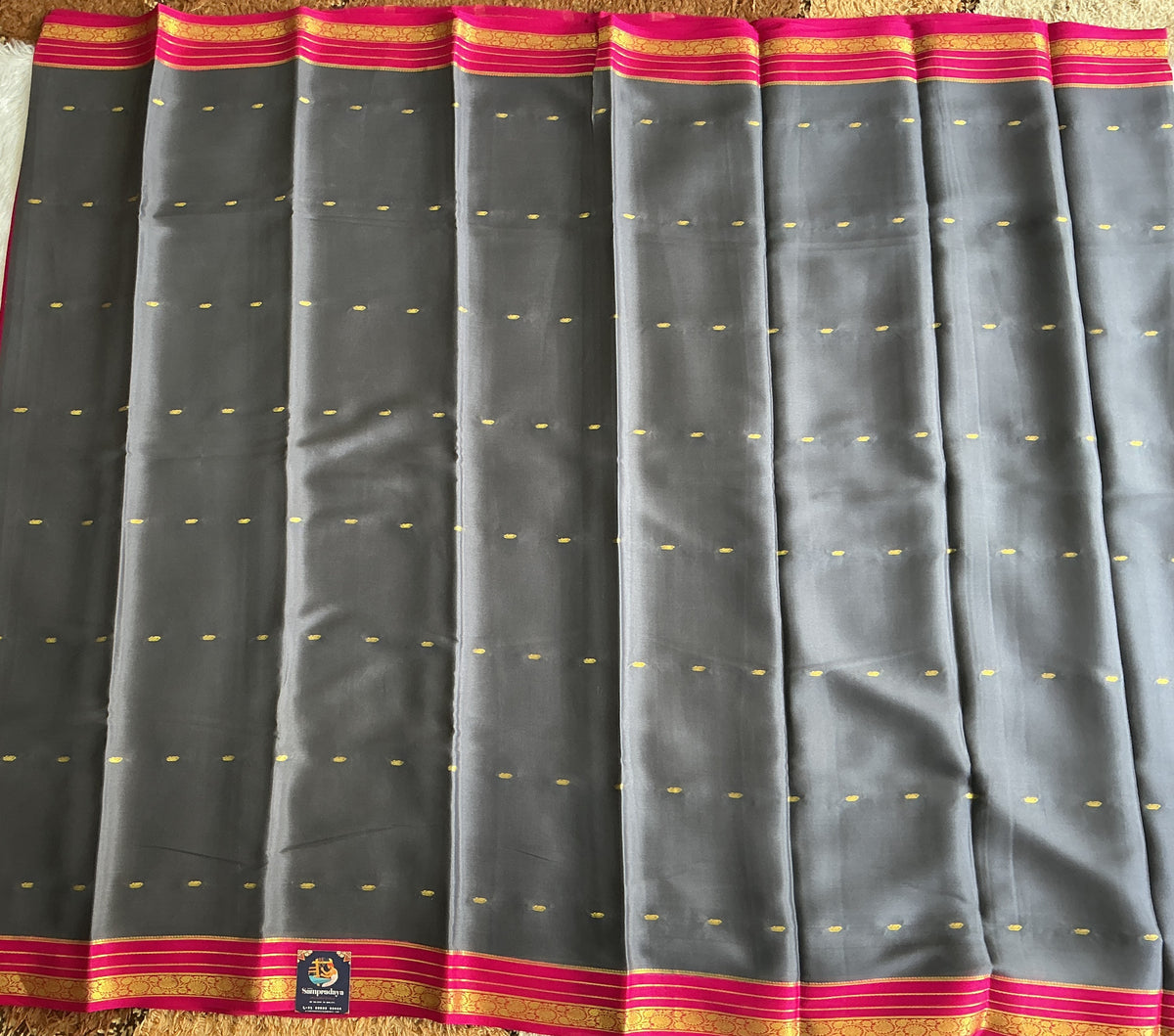 Gray Mysore Crepe Silk Saree with Silver Zari Border | Pure Handloom | Silk Mark Certified
