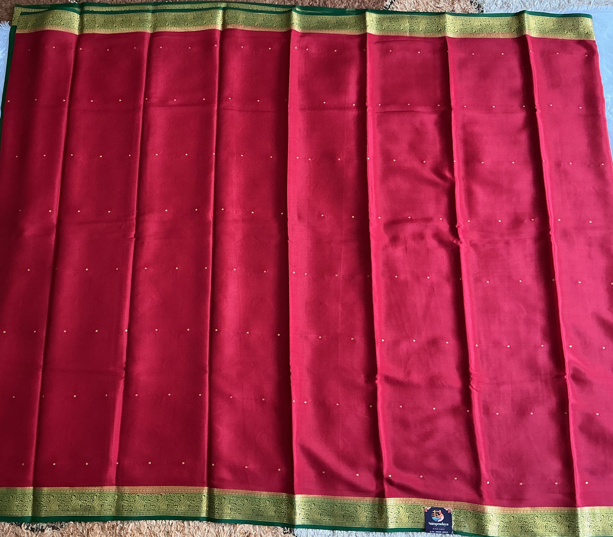 Red Mysore Crepe Silk Saree with Silver Zari Border | Pure Handloom | Silk Mark Certified