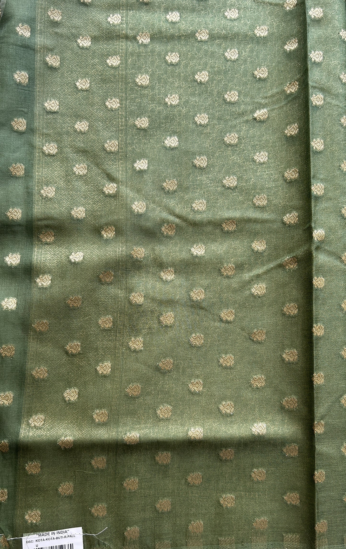 Semi Raw Silk Tissue Saree Olive Green Colored Elegantly Paired with a Zari Border. - Sampradaya Designer Studio