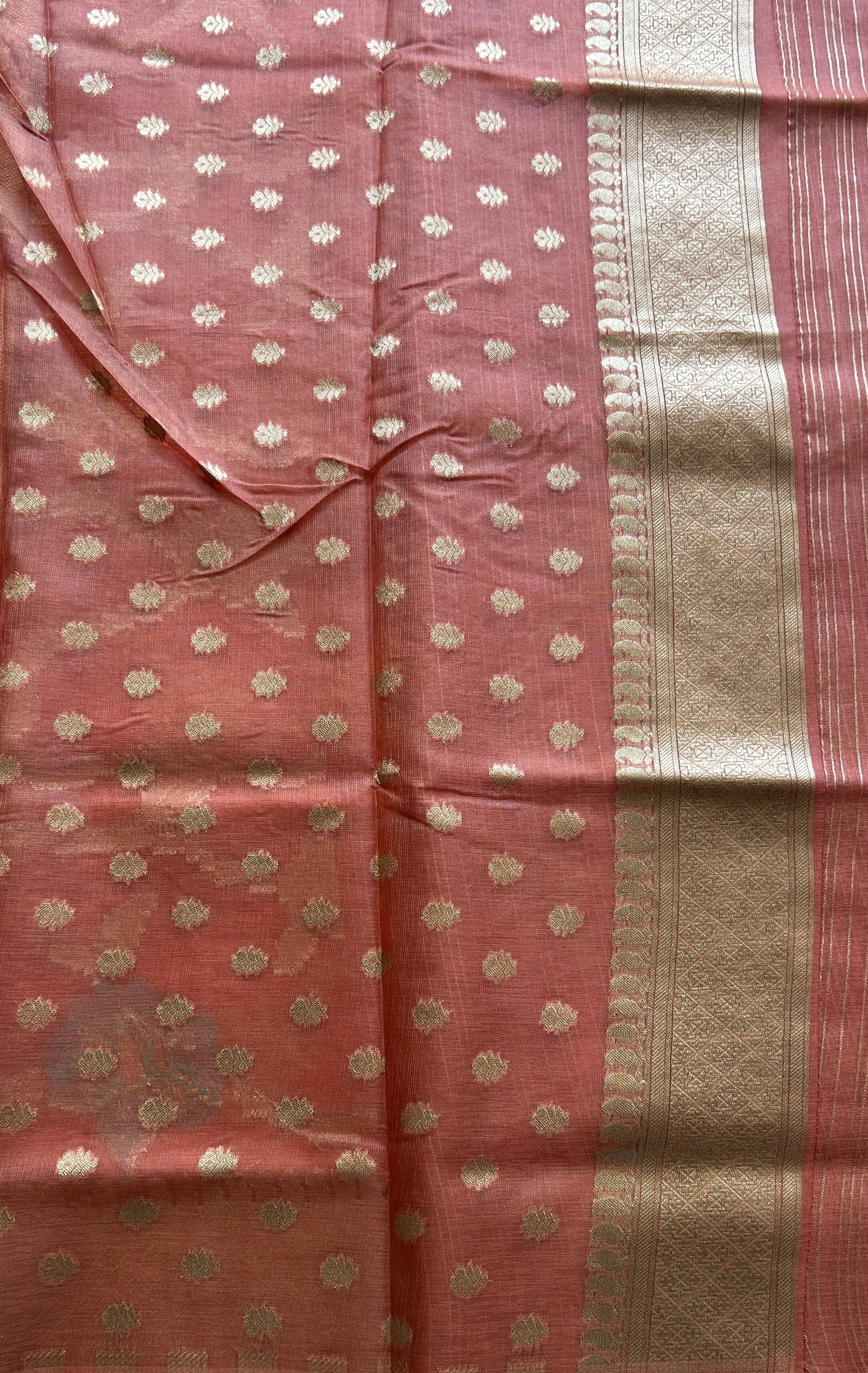Semi Raw Silk Tissue Saree Dusty Pink Colored Elegantly Paired with a Zari Border. - Sampradaya Designer Studio