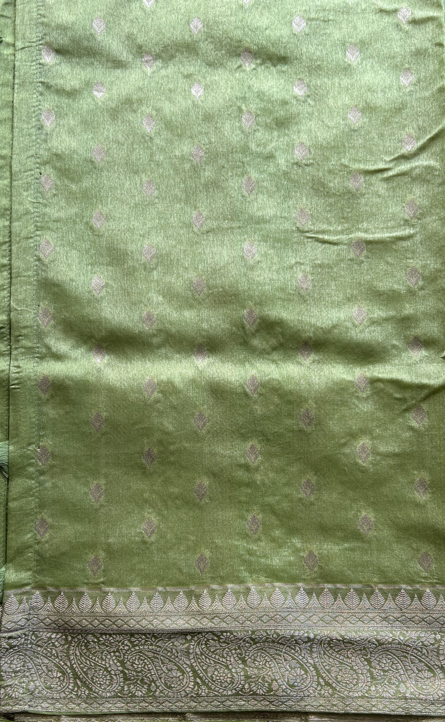 Semi Raw Silk Saree Parrot Green Colored Exquisite with a Zari Border. - Sampradaya Designer Studio