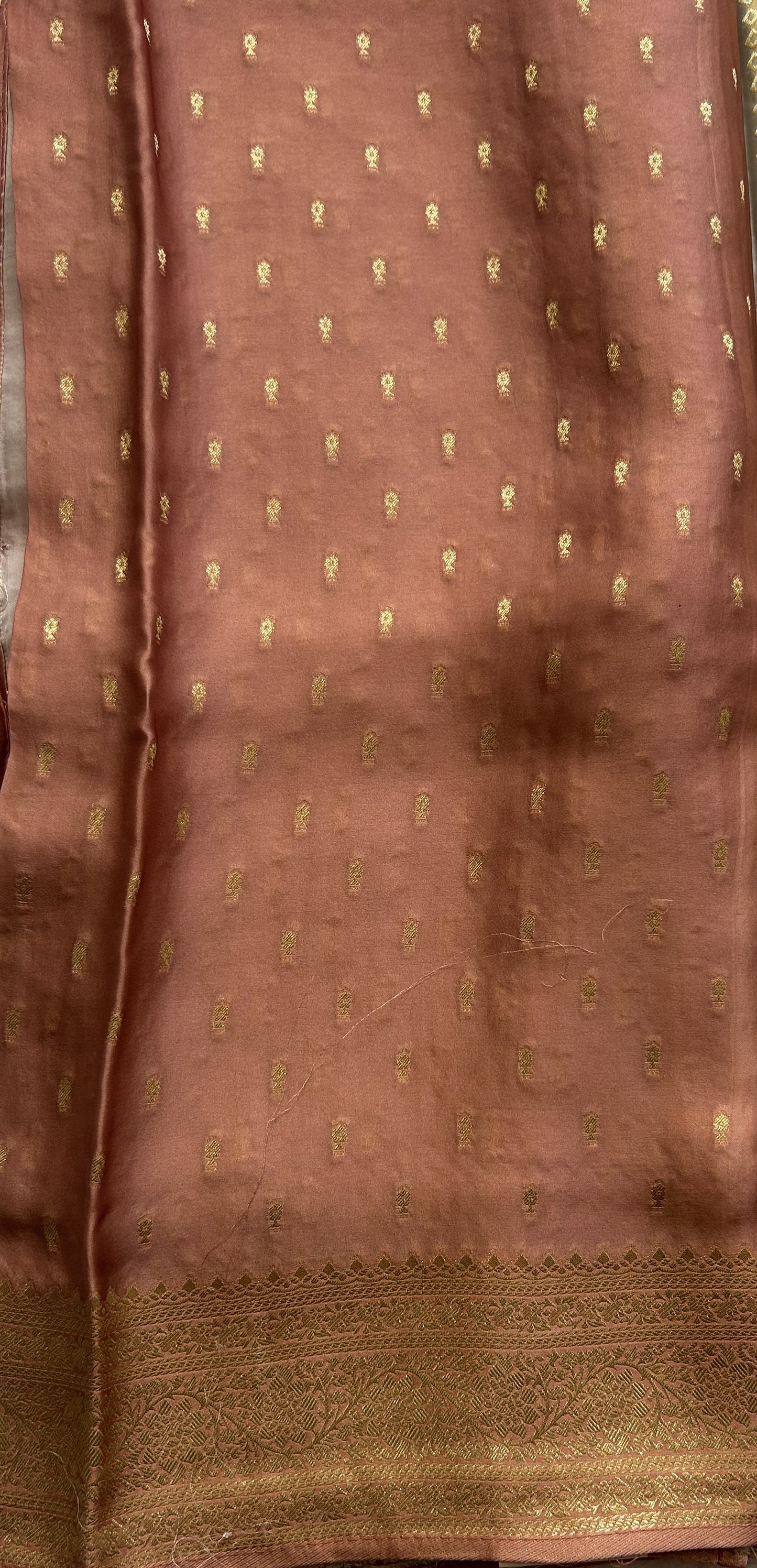 Pure Banarasi Crepe Silk Saree Melon Colored Complemented with a Zari border. - Sampradaya Designer Studio