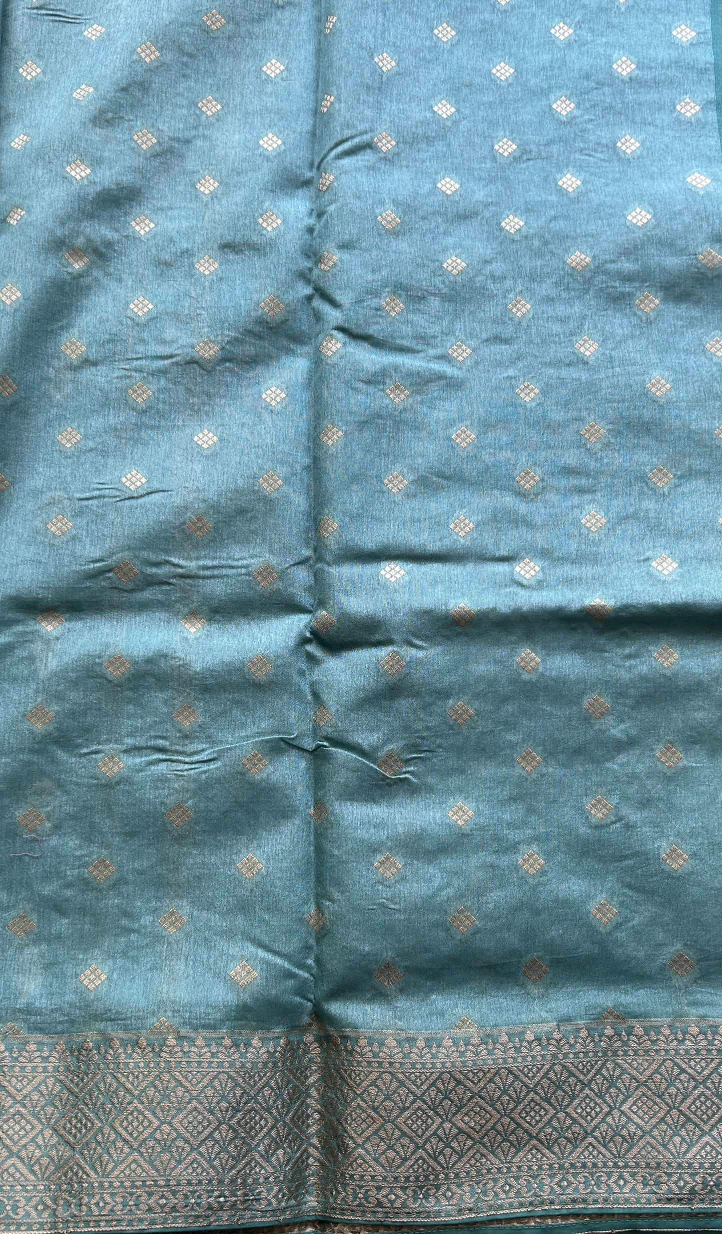 Semi Raw Silk Saree Jade Colored Exquisite with a Zari Border. - Sampradaya Designer Studio