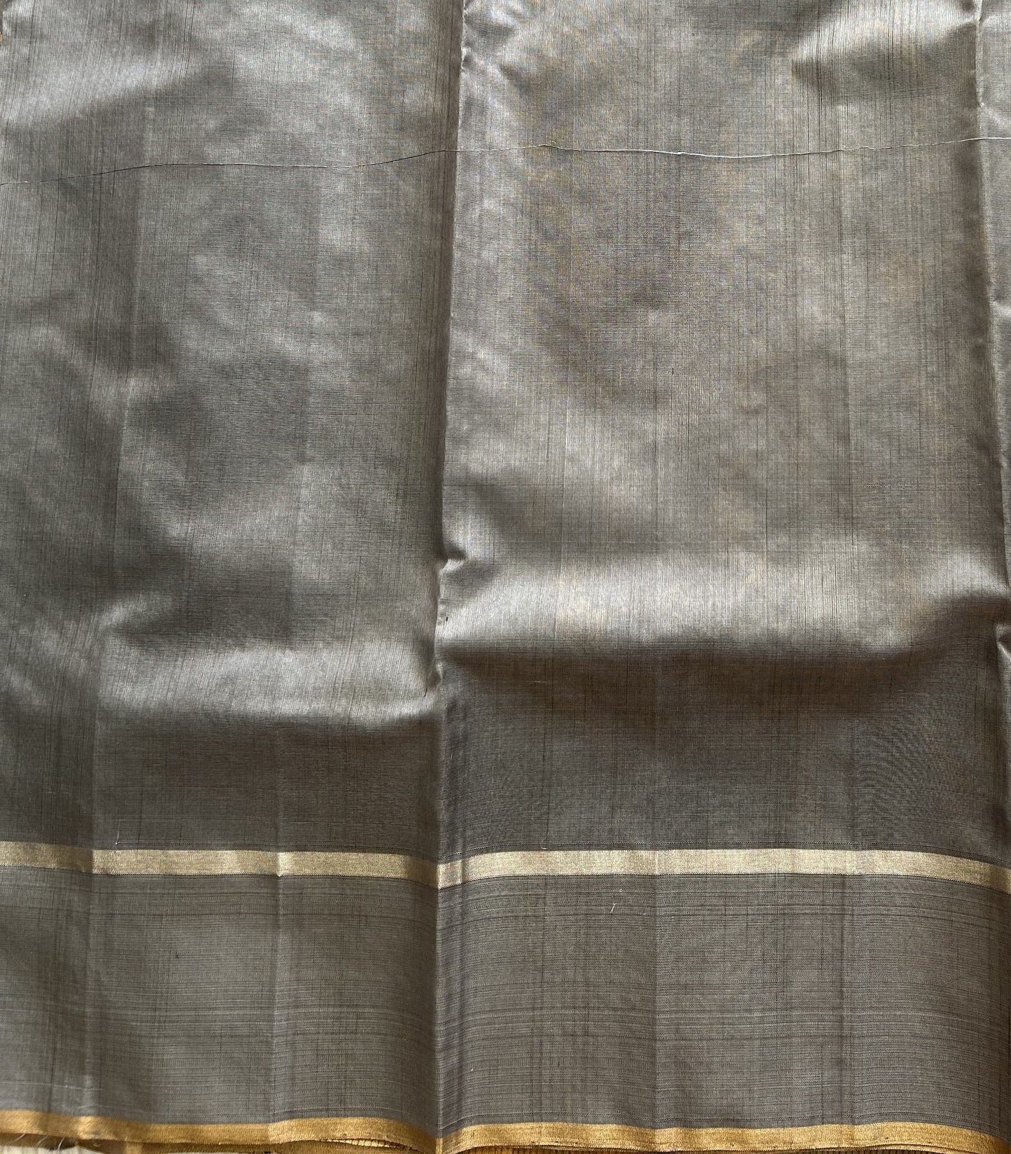 Gray Chanderi Silk Saree With Gold Zari Border — Pure Handloom | Silk Mark Certified - Sampradaya Designer Studio