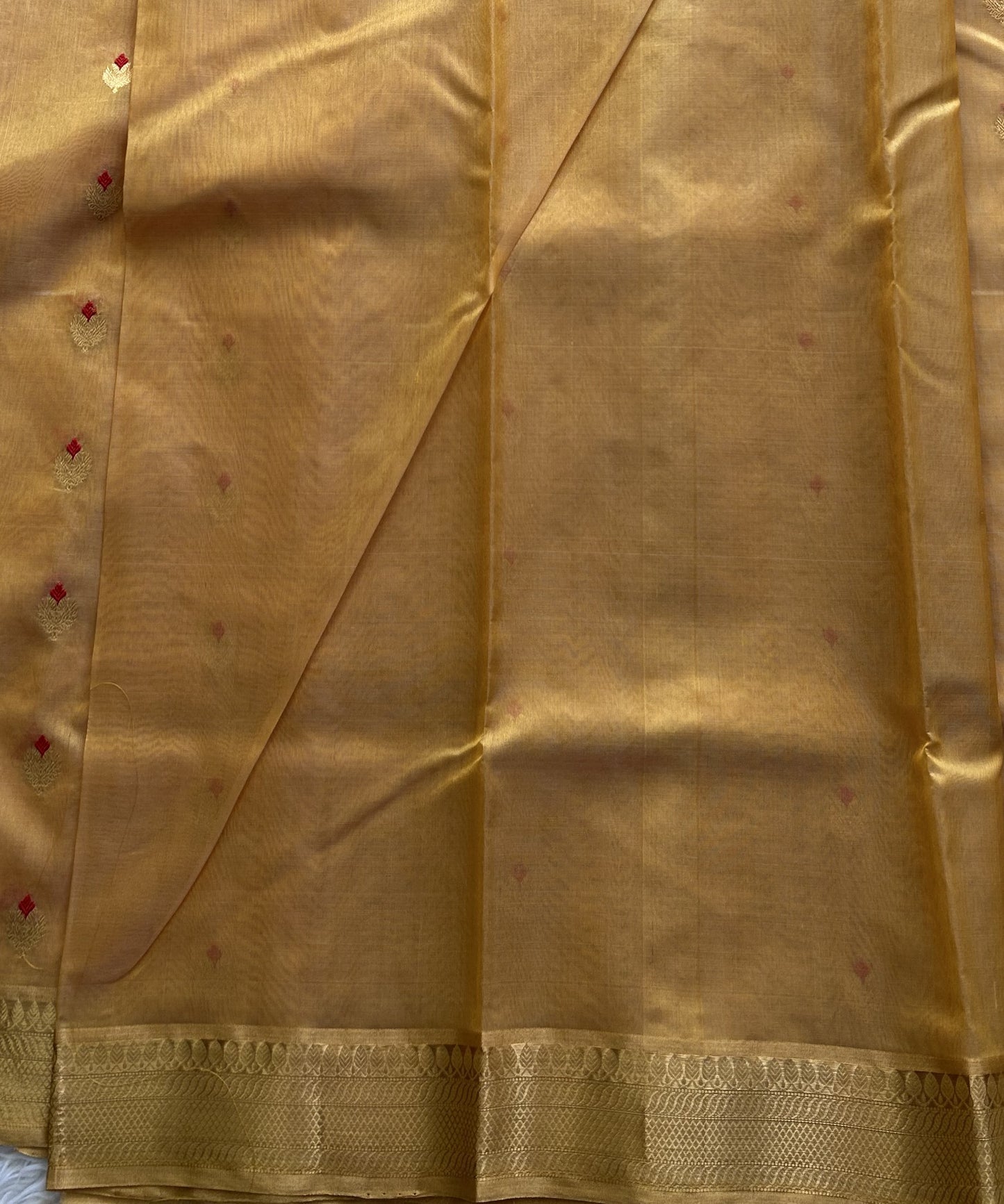 Gold Chanderi Silk Saree With Gold Zari Border — Pure Handloom | Silk Mark Certified - Sampradaya Designer Studio