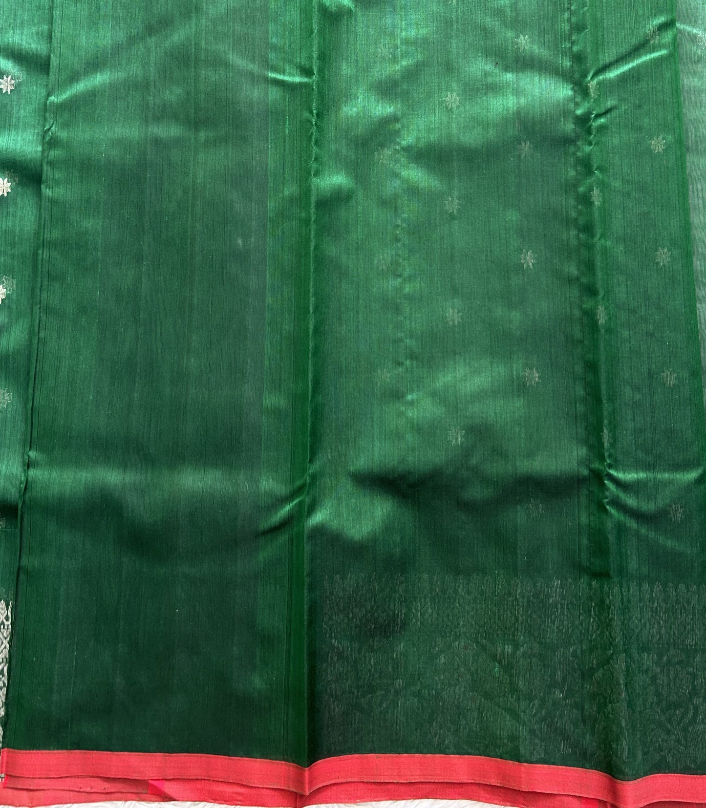 Green Chanderi Silk Saree With Silver Zari Border — Pure Handloom | Silk Mark Certified